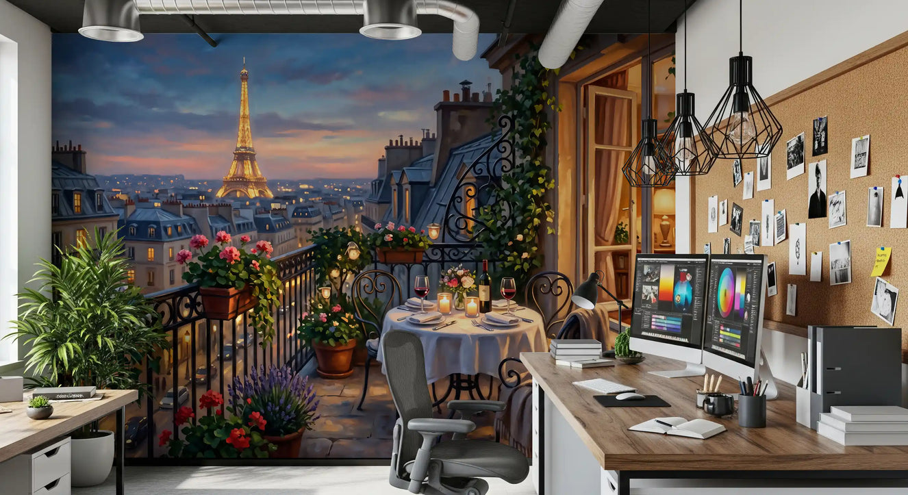 Candle-lit Work room paired with the Parisian Balcony Romance wall mural.