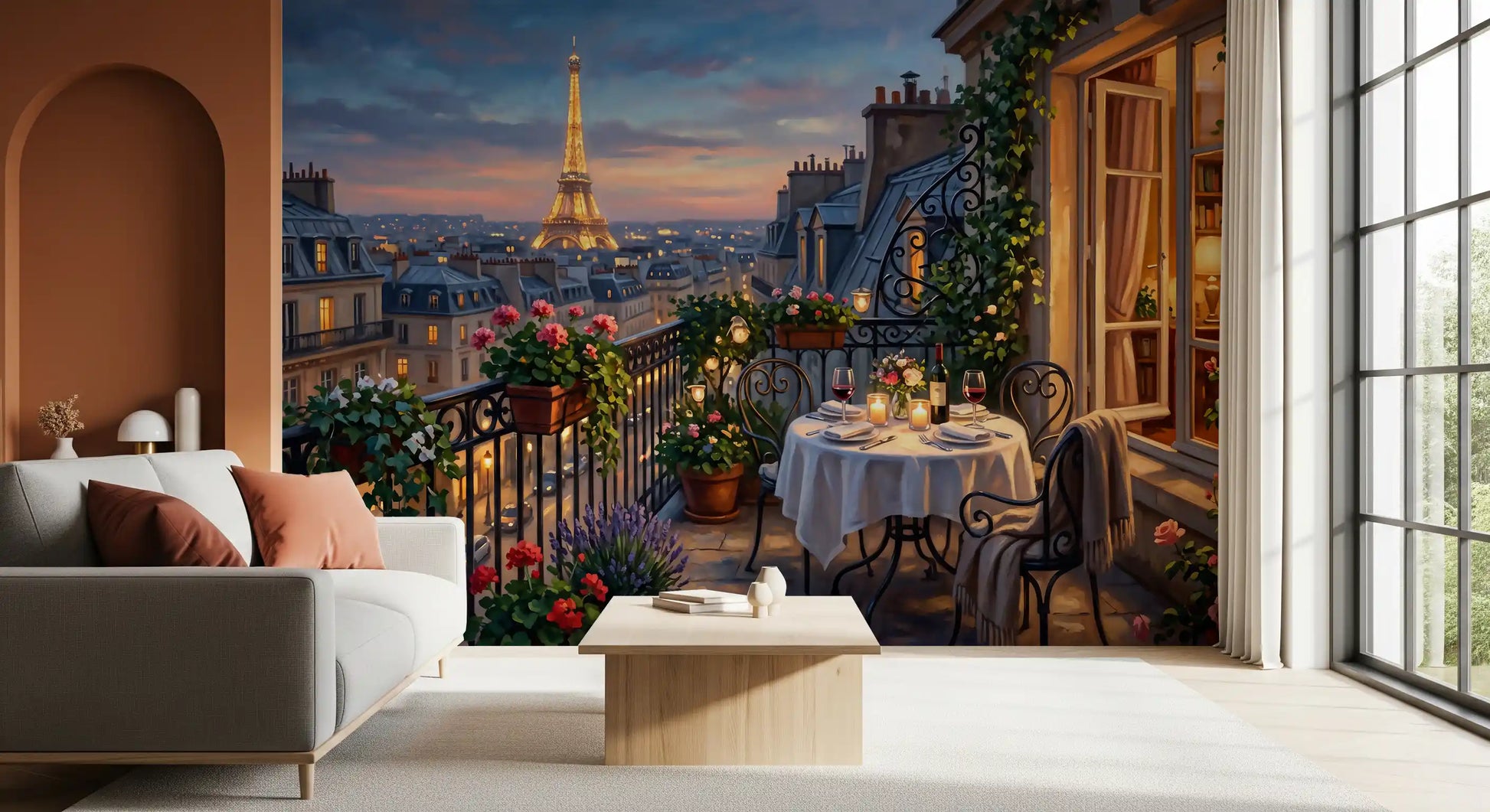 Eiffel Tower glows golden in the Parisian Balcony Romance wall mural skyline.