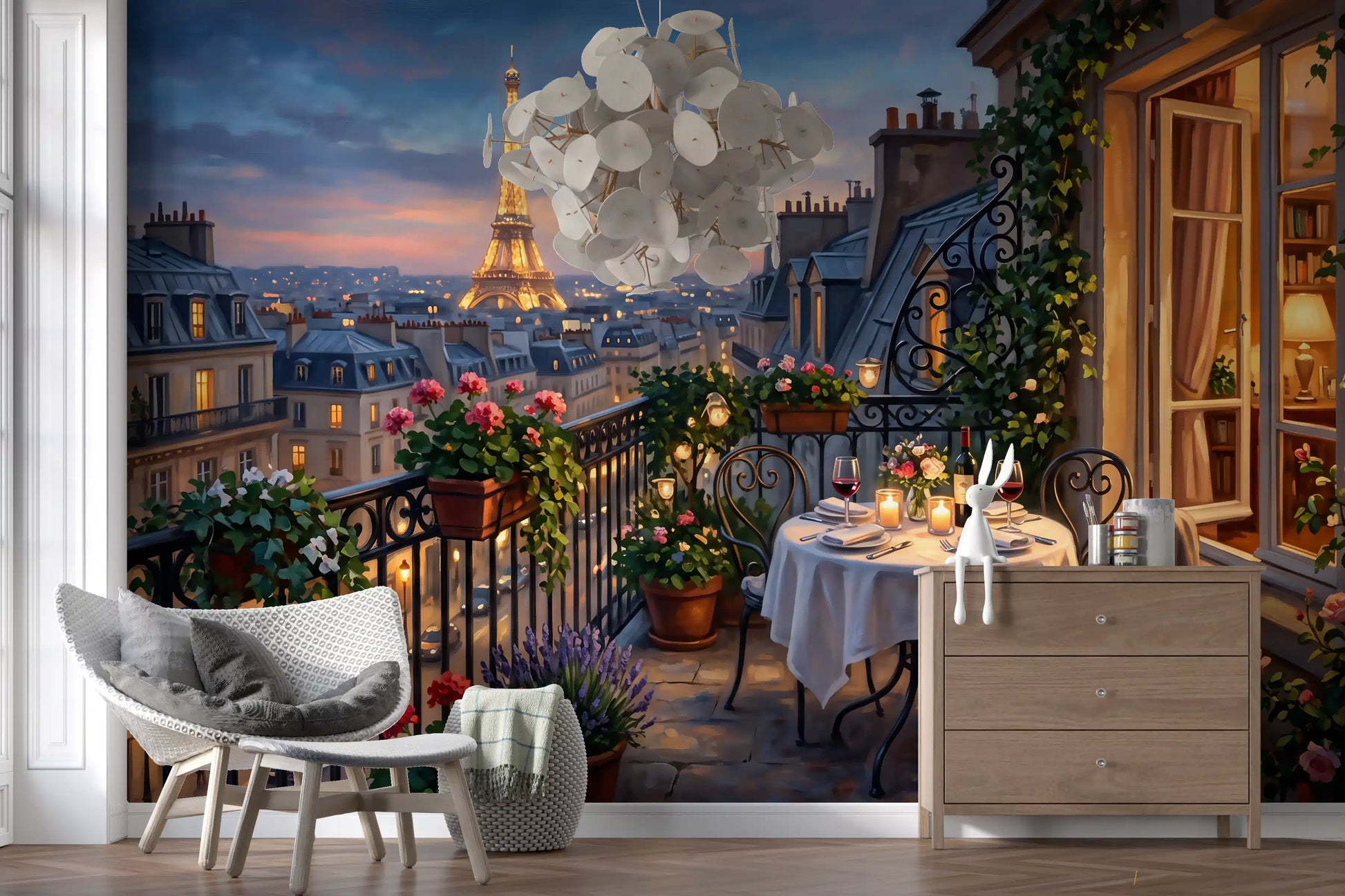 Pink geraniums spill from iron planters in this Parisian Balcony wall mural.