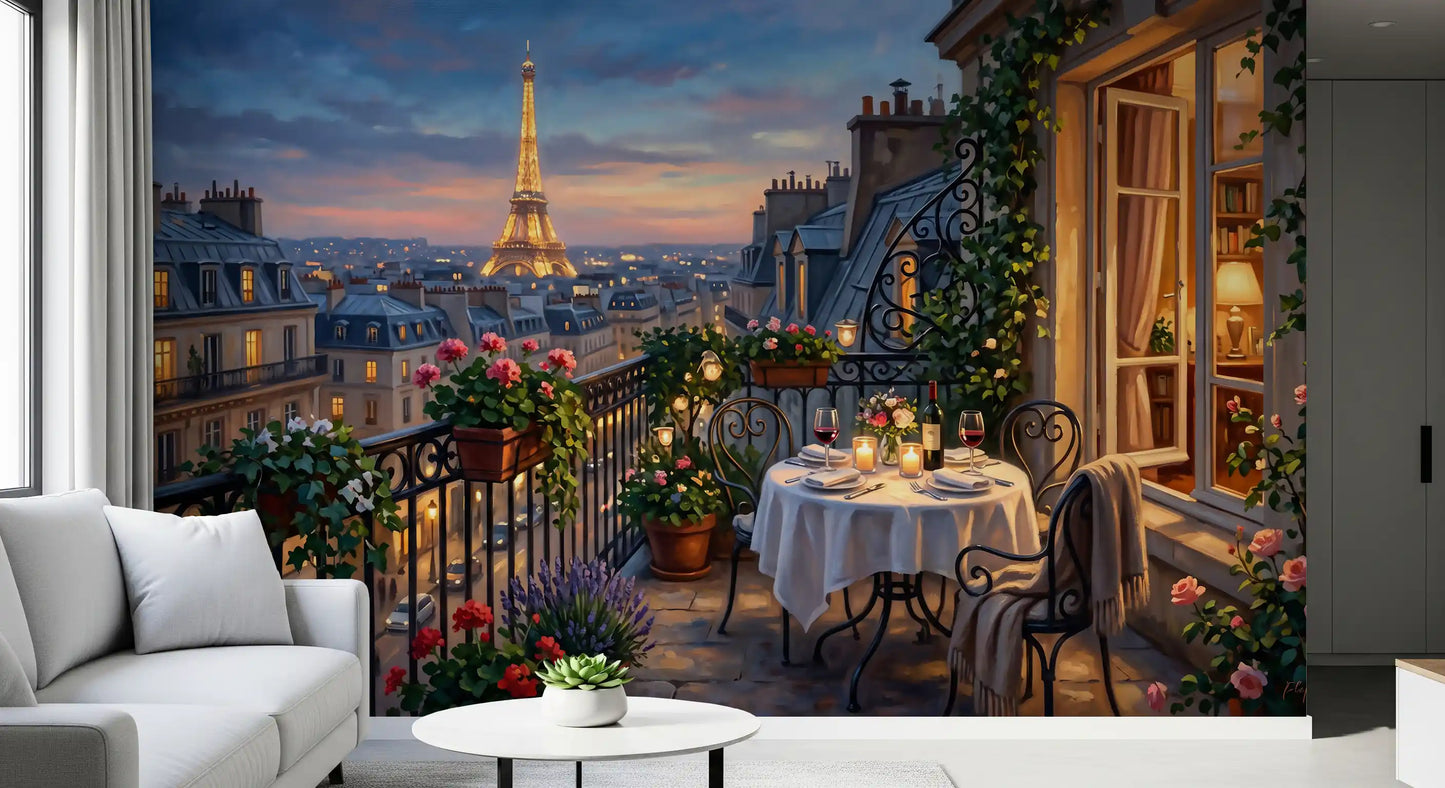 Painted candlelight warms the foreground of the Parisian Balcony wall mural.