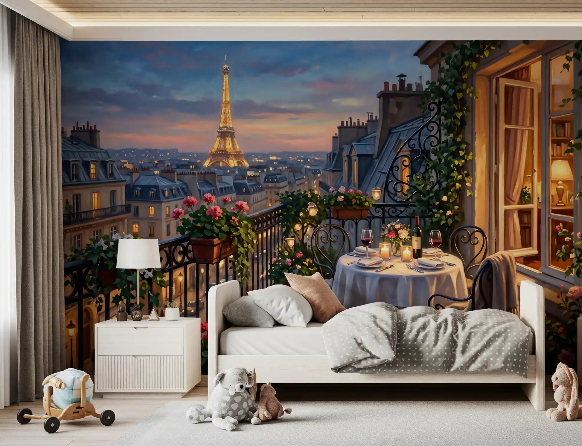 Kids bedroom -style scene styled with the Parisian Balcony Romance wall mural.
