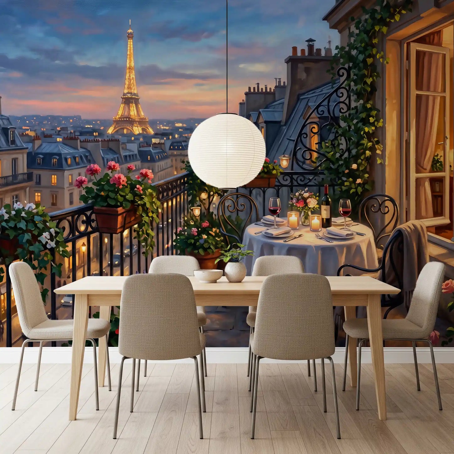 Painted Paris dusk fills a Dining room as a panoramic Parisian Balcony wall mural.