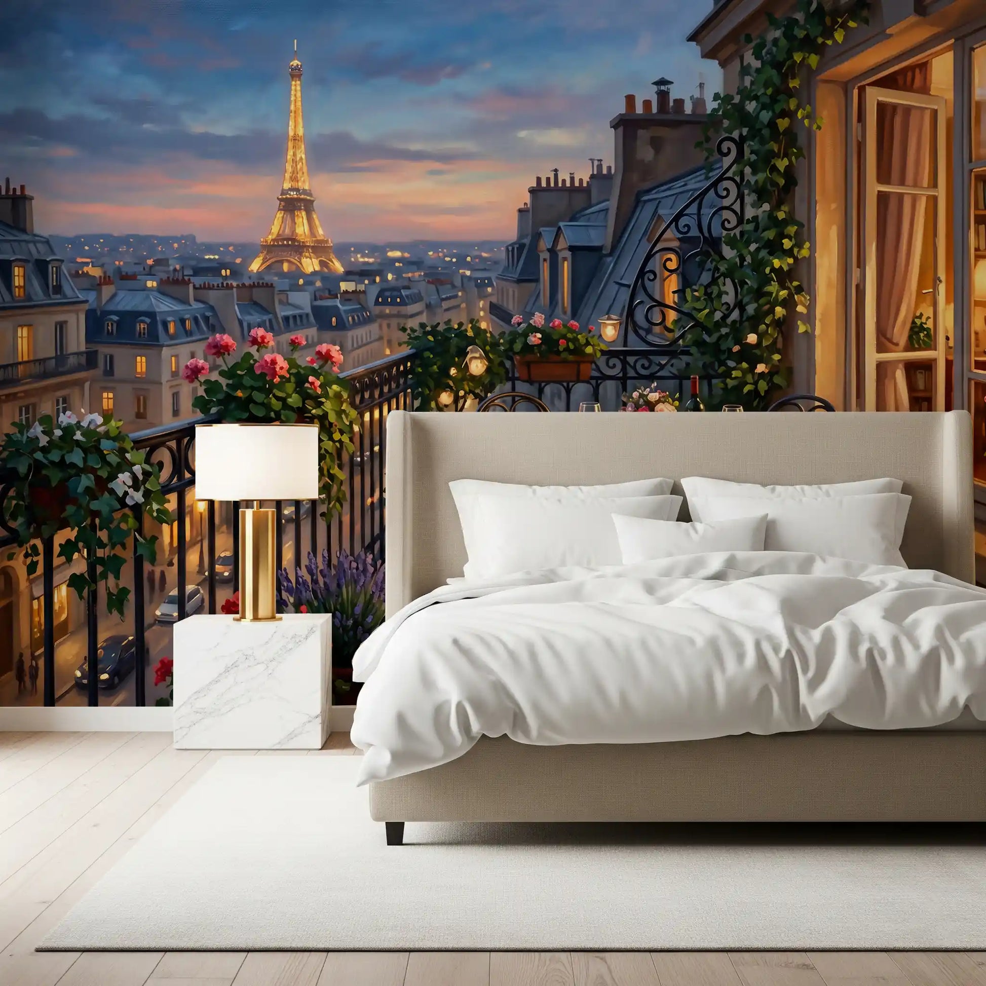 Climbing ivy and roses frame the Eiffel view in this Paris Balcony wall mural.