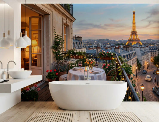Bathroom styled around the Parisian Balcony Sunset Romance wall mural at dusk.