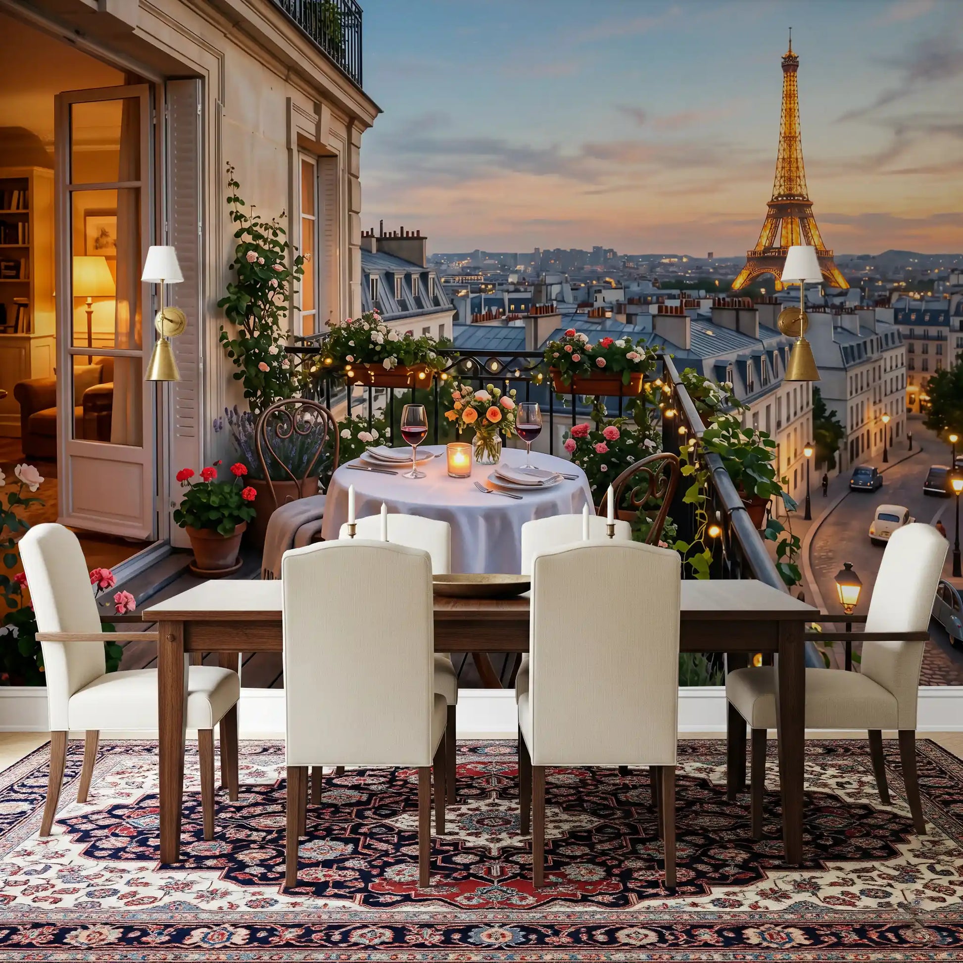 Dusk over Paris fills a dining room beside the Sunset Romance wall mural.