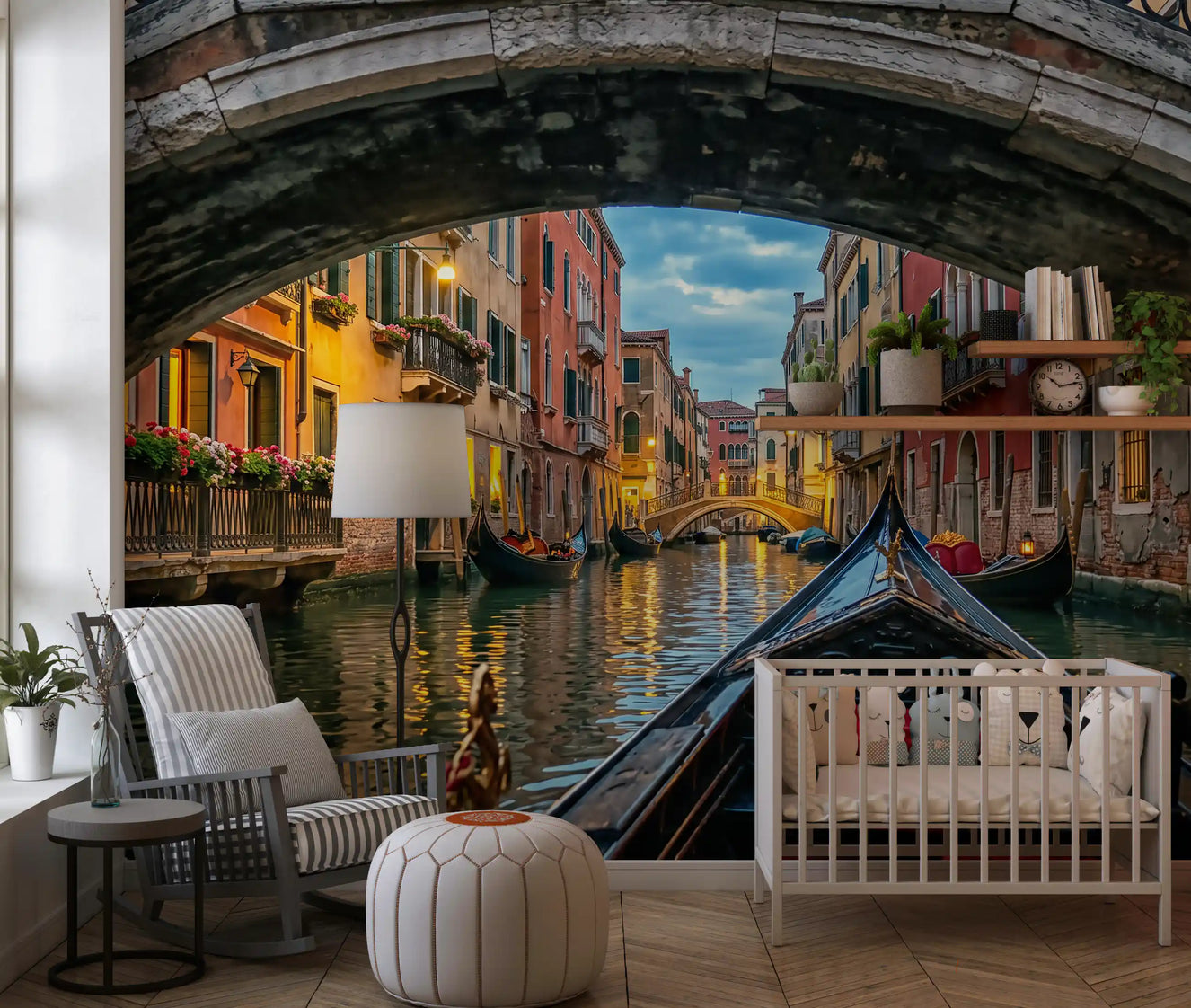 A Venice canal scene opens up the Nursery in this twilight wall mural.