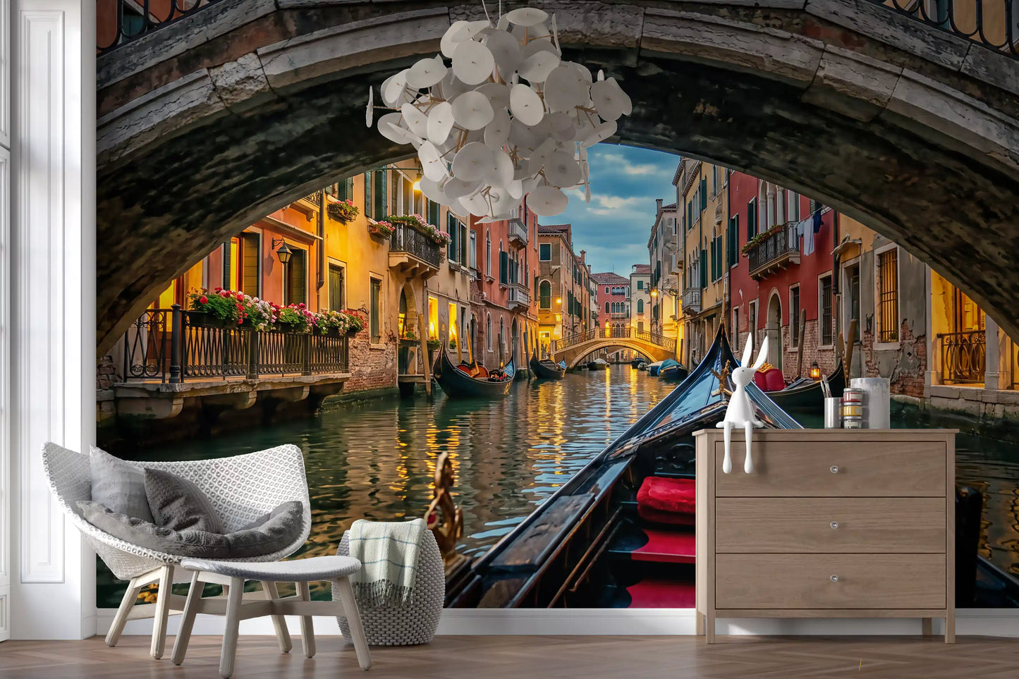 Twilight sky meets terracotta rooflines across the Venice canal wall mural.