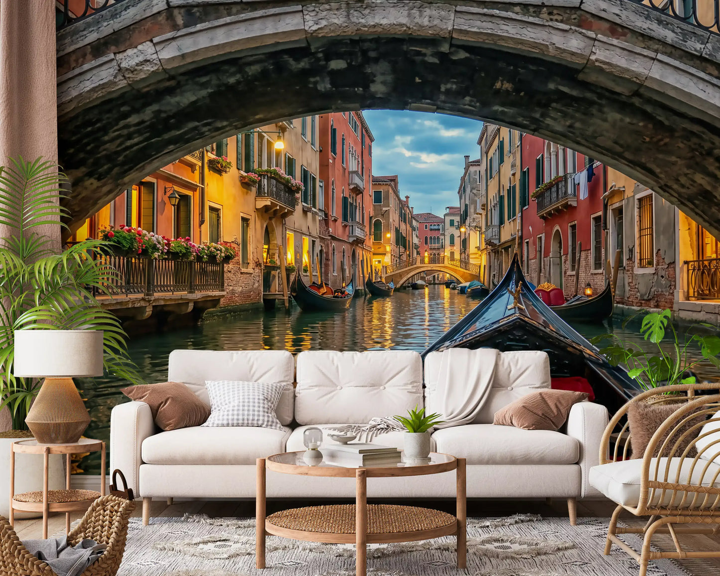 Venice canal wall mural pulls a Living room together with twilight light and quiet water tones.