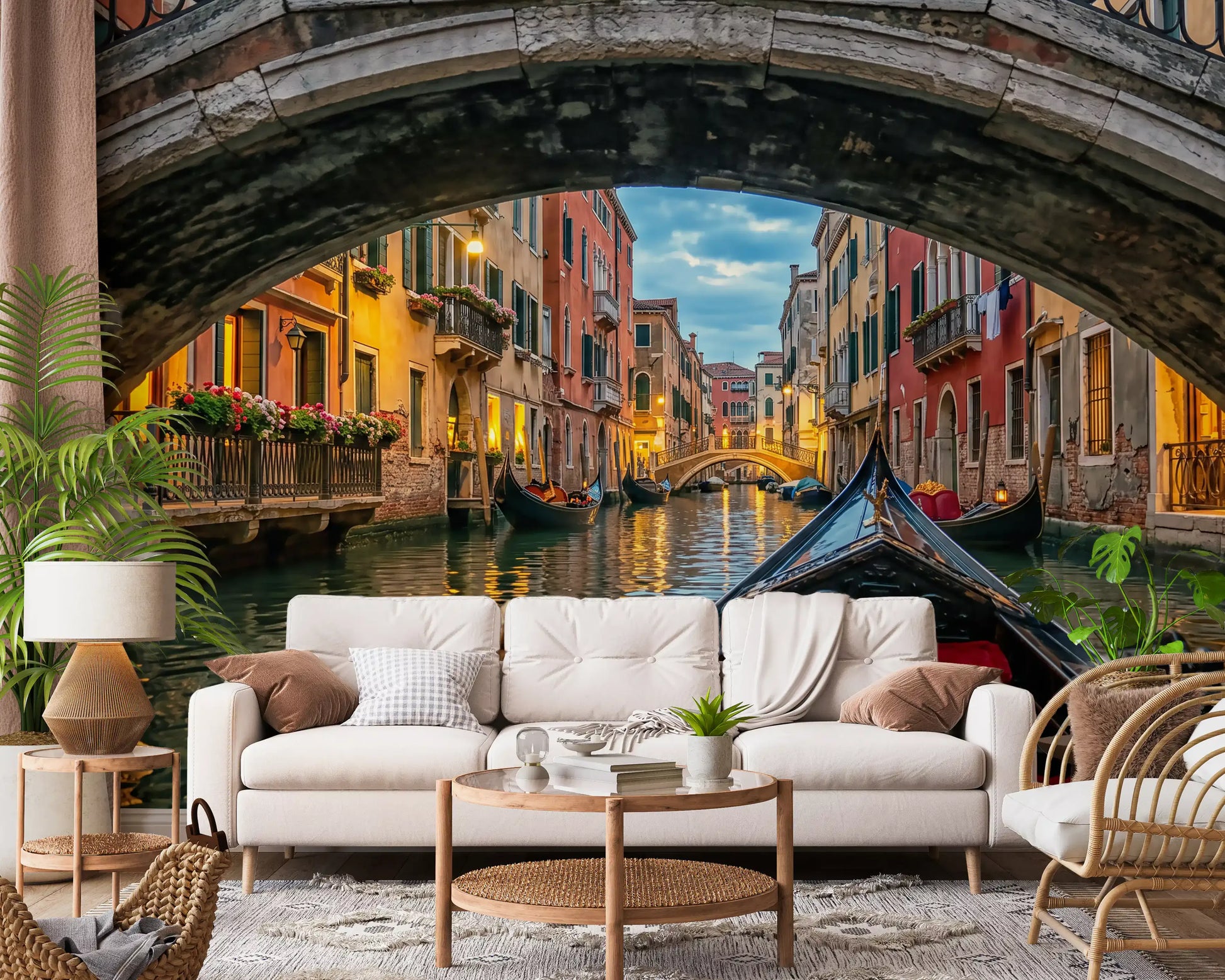 Venice canal wall mural pulls a Living room together with twilight light and quiet water tones.