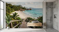 Weathered steps drop toward a clear blue bay in this island wall mural