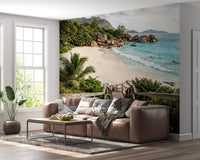 Step toward turquoise water from the lounge with this island wall mural