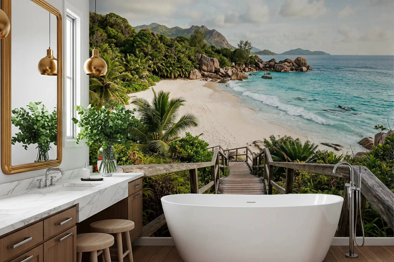 Island Steps wall mural lends a coastal calm to a bright bathroom