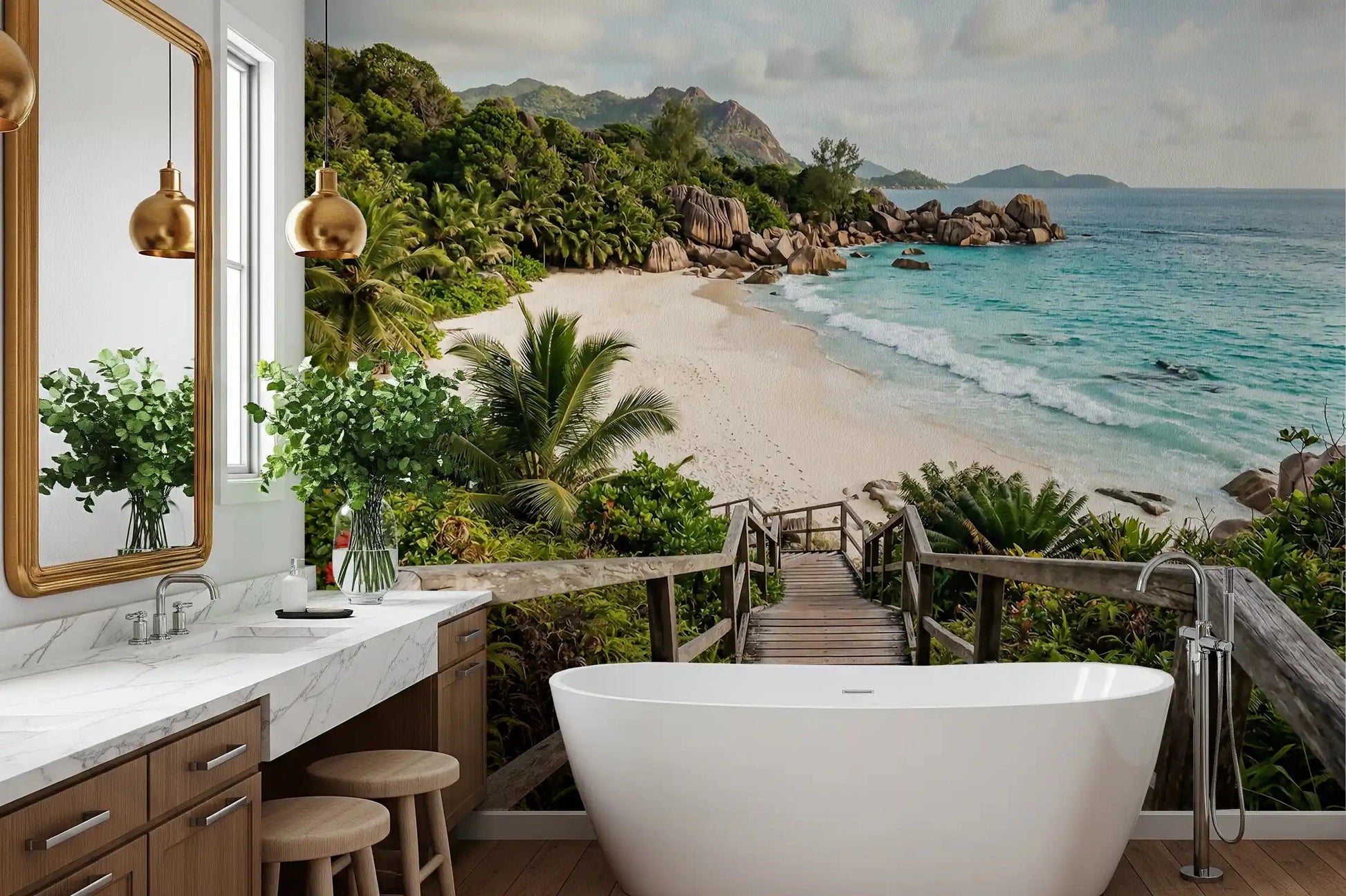 Island Steps wall mural lends a coastal calm to a bright bathroom