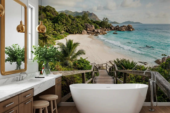 Island Steps wall mural lends a coastal calm to a bright bathroom