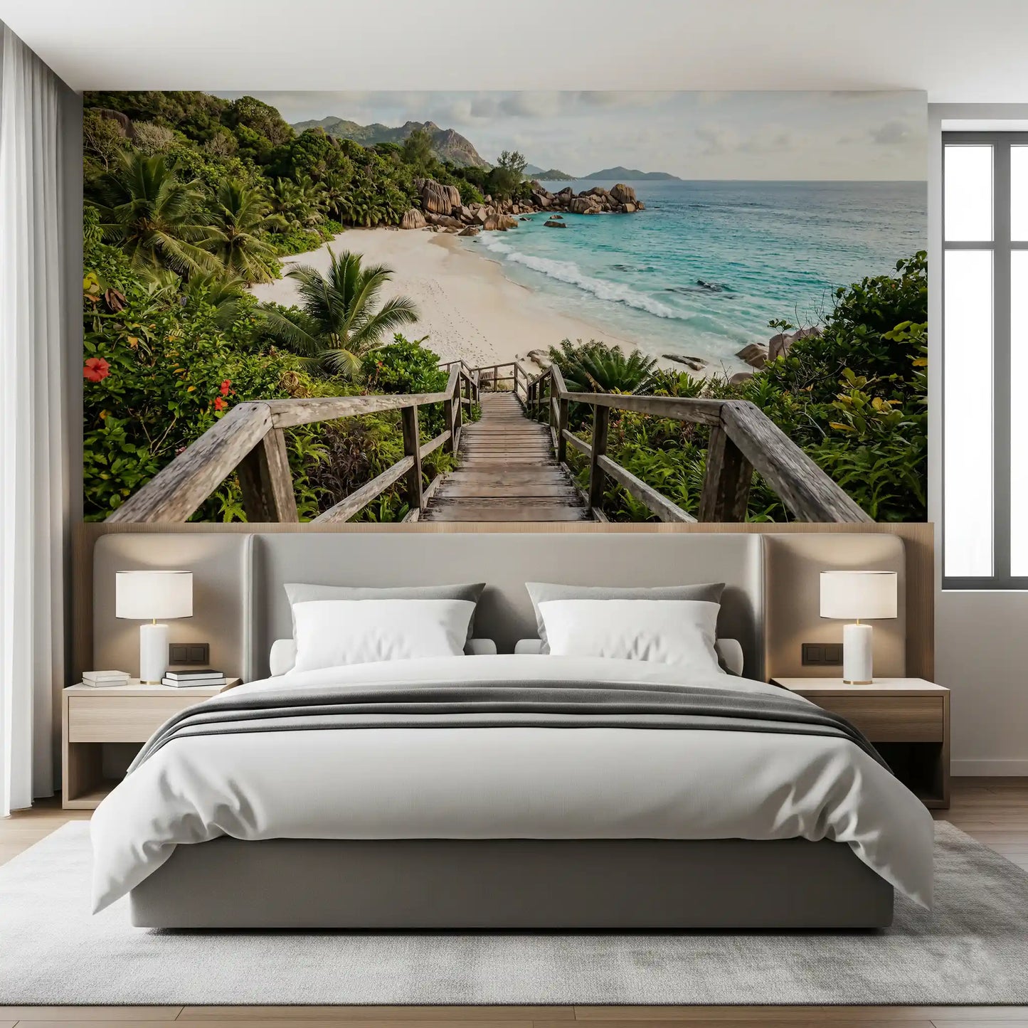 Palms, ferns and red hibiscus edge the path in this Turquoise Shores wall mural