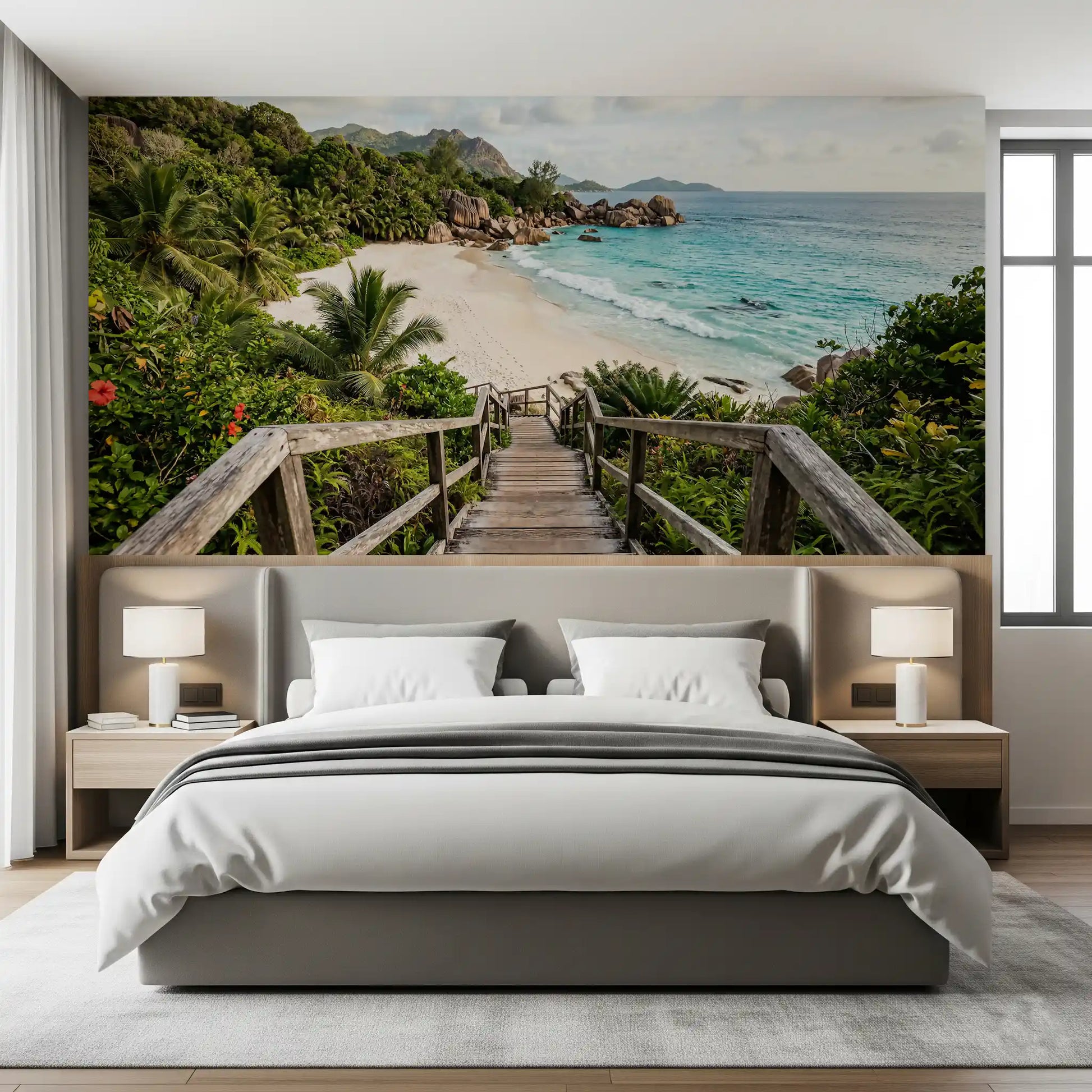 Palms, ferns and red hibiscus edge the path in this Turquoise Shores wall mural