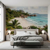 Quiet ocean views settle over the bedroom in the Island Steps wall mural
