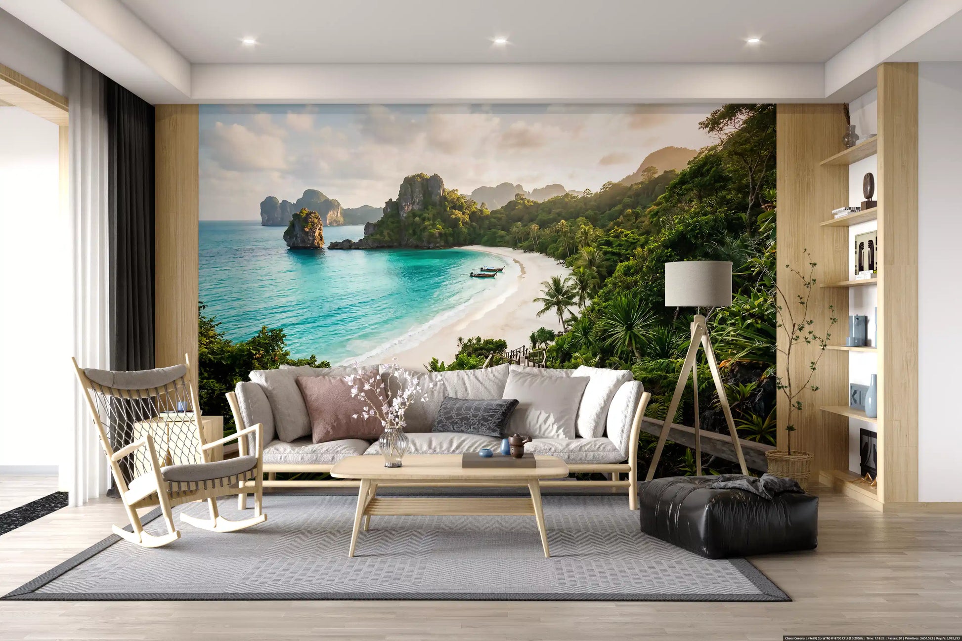Emerald Bay Serenity wall mural shows a turquoise bay below jungle cliffs.