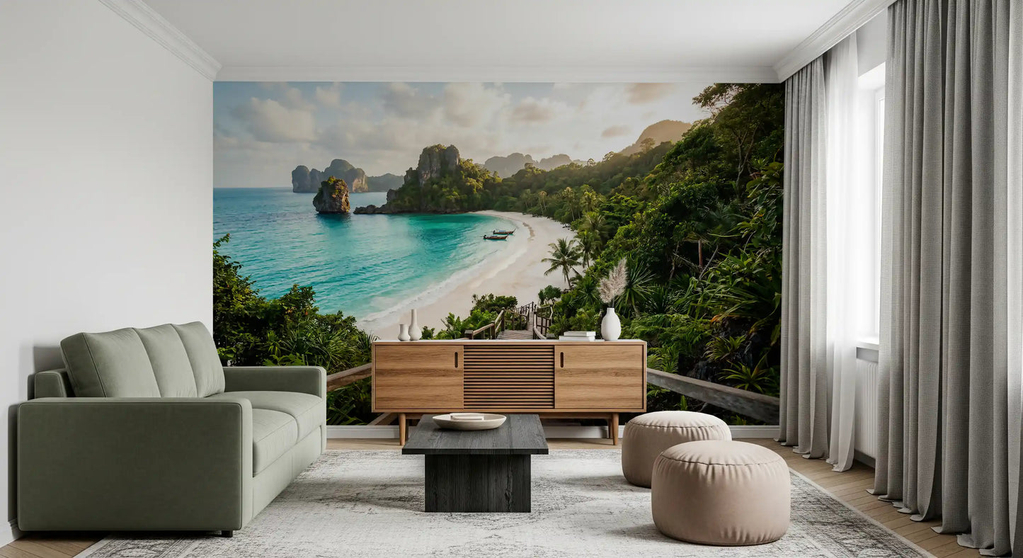 Living room gains a wide ocean outlook from the Emerald Bay Serenity wall mural.
