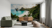 Living room gains a wide ocean outlook from the Emerald Bay Serenity wall mural.
