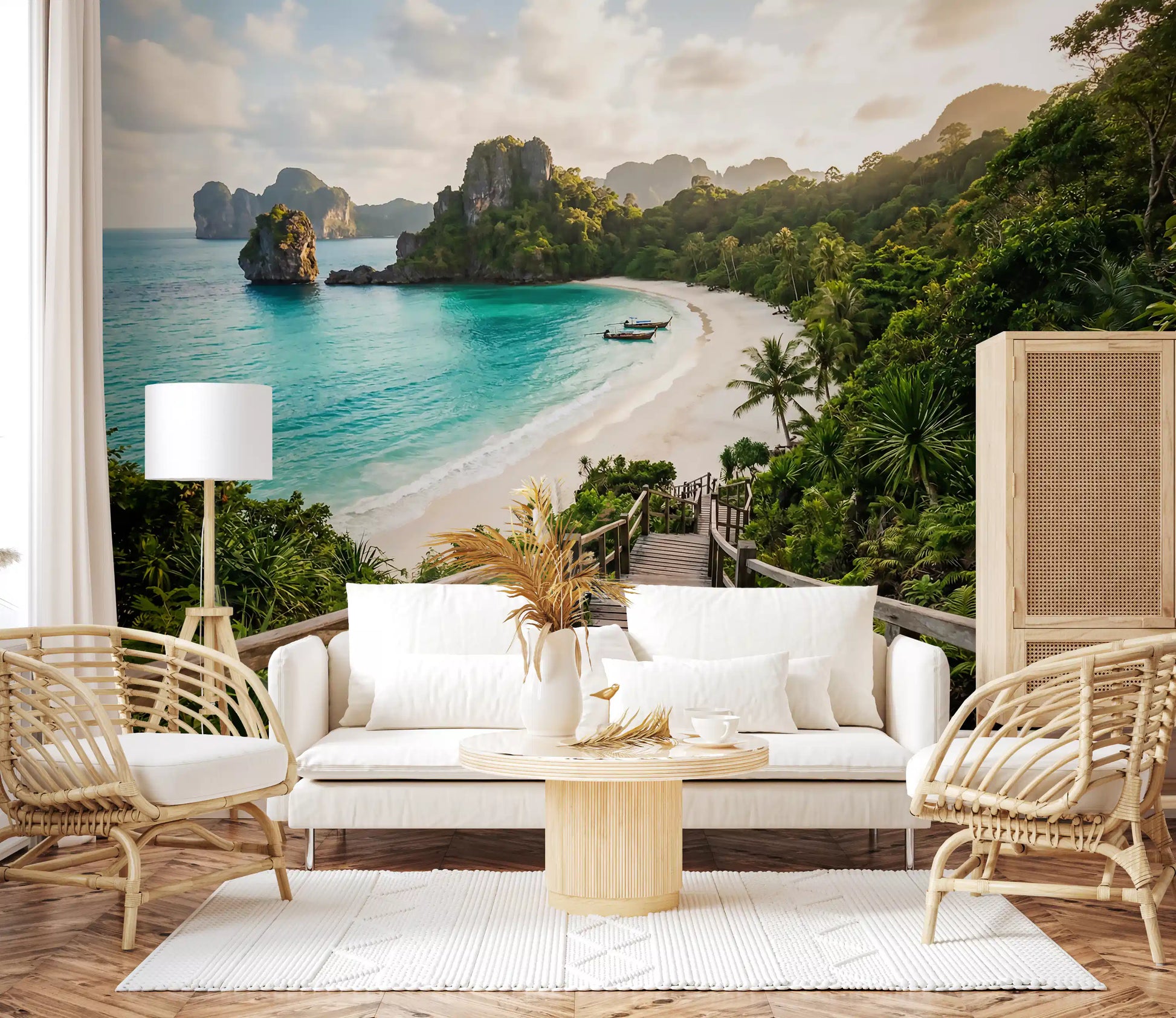 A wooden stairway winds down to a white beach in this Serenity wall mural.