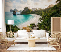 A wooden stairway winds down to a white beach in this Serenity wall mural.