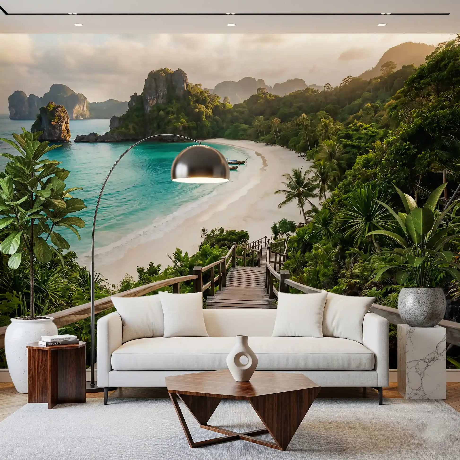Lush palms frame a longtail boat near the shore in this Serenity wall mural.