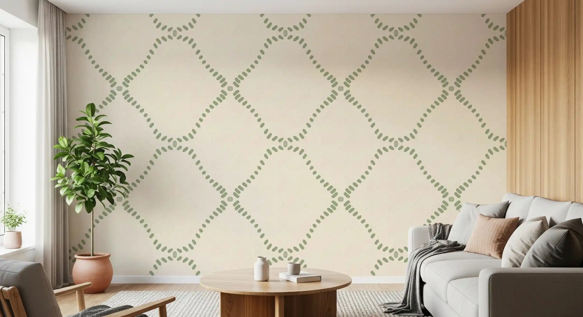Coastal boho dots wrap the living room in this green lattice wallpaper