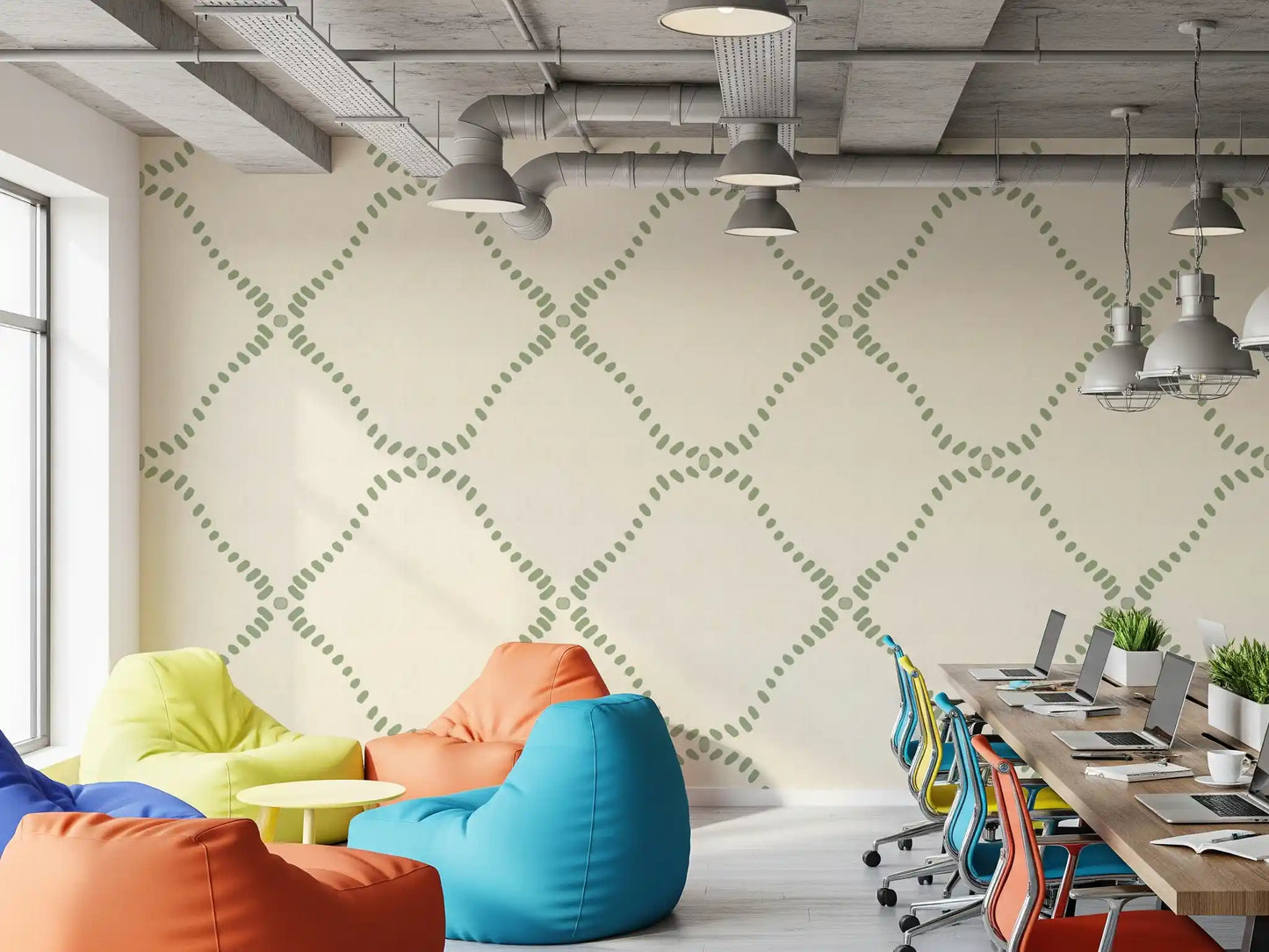 A gentle boho trellis softens a bright Office Work area  in cream and sage wallpaper