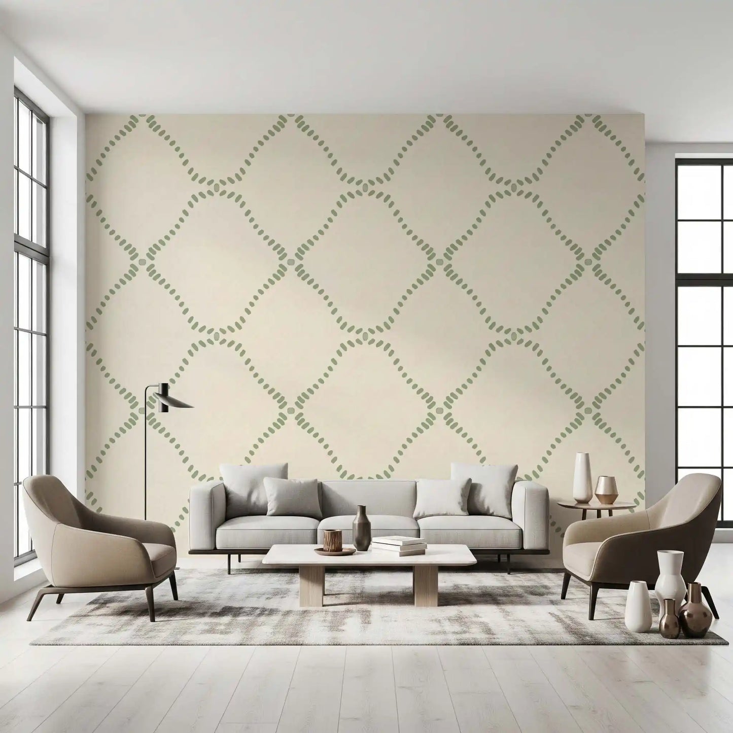 Repeating diamond outlines give this green dotted wallpaper a calm rhythm