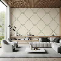 Cream linen texture backs the green trellis in this coastal boho wallpaper