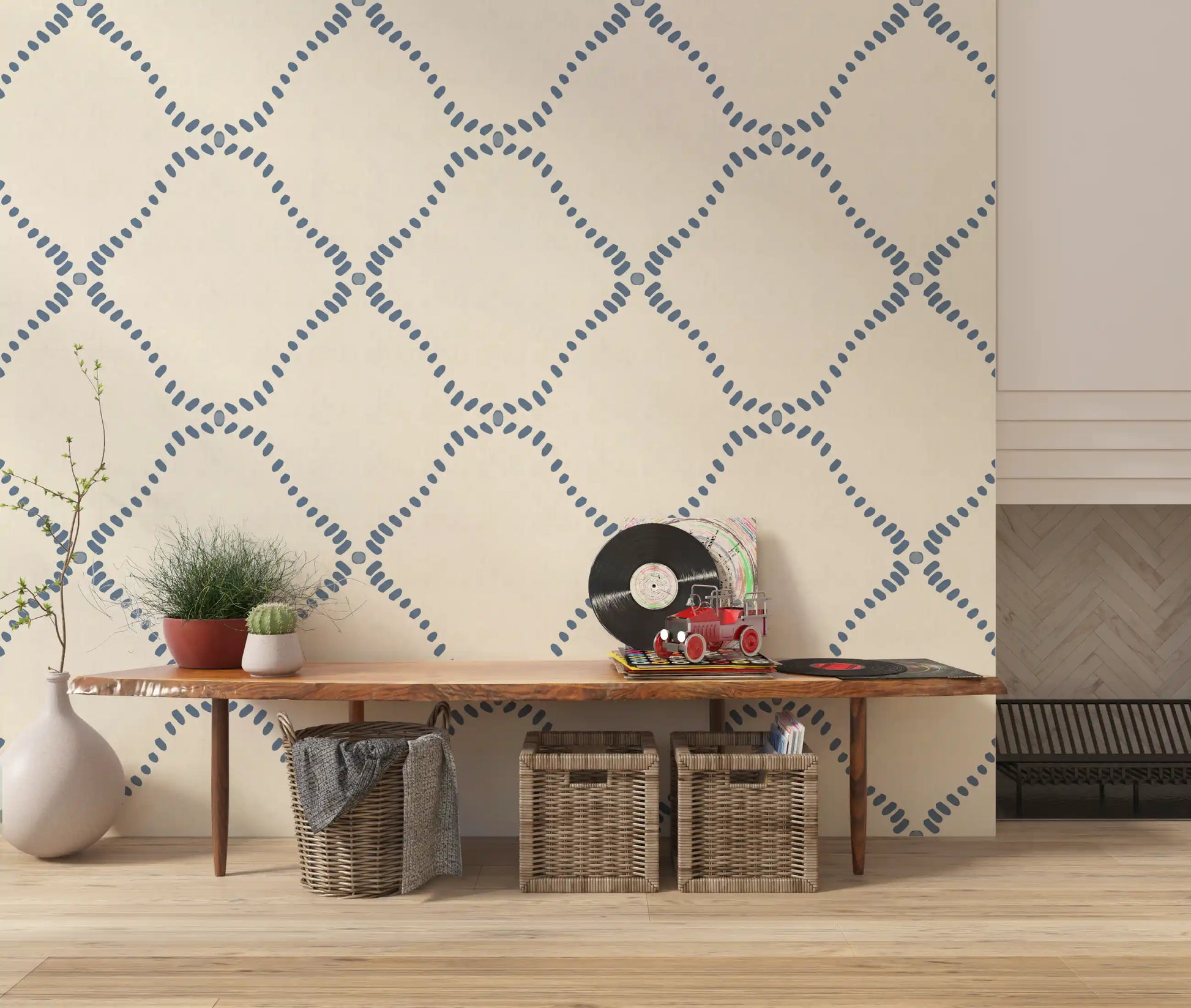 A warm ivory linen ground sets off the Slate Blue Dotted Lattice wallpaper.
