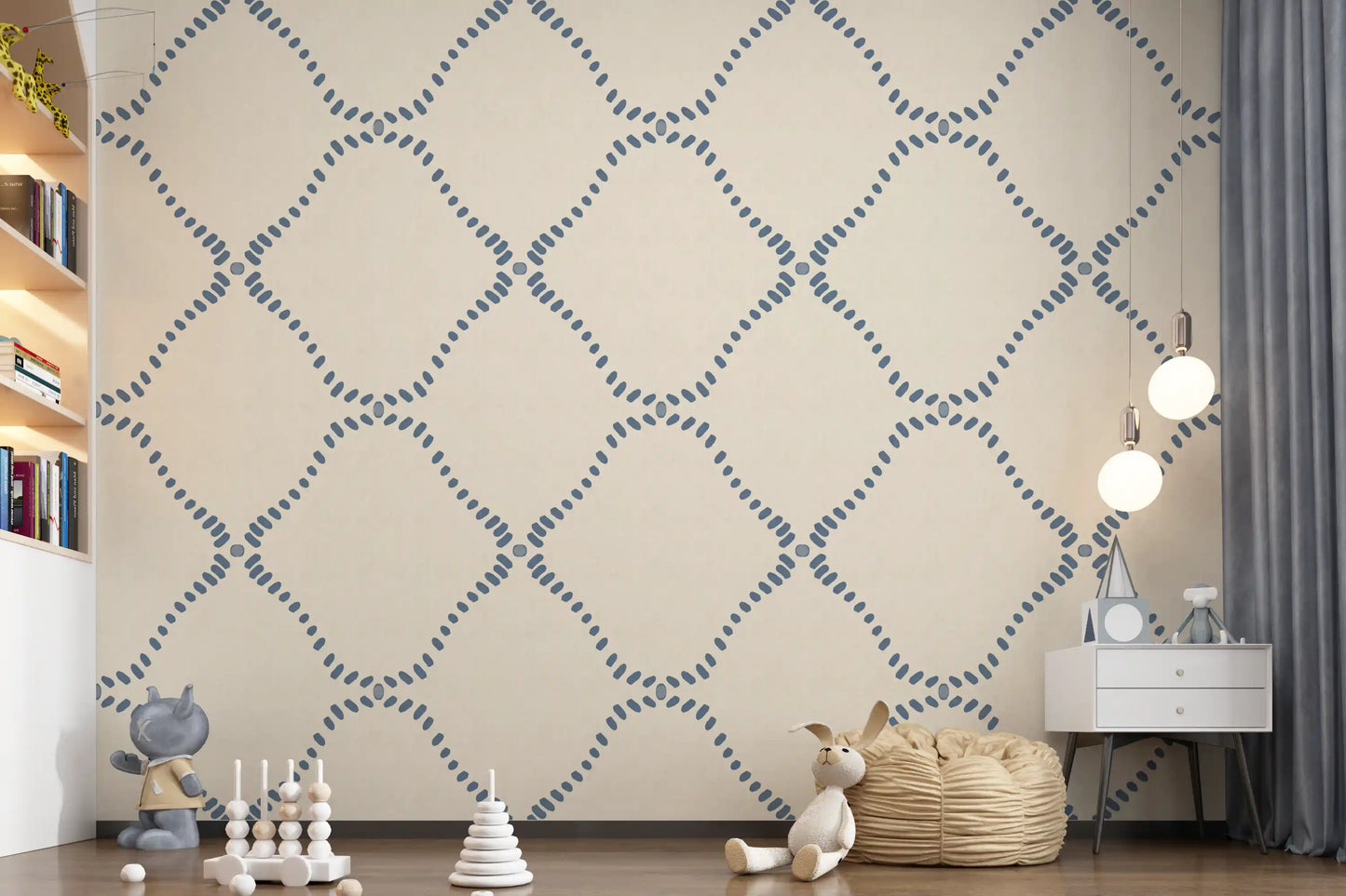 Small blue dots ring each diamond on this Beachy Boho Lattice wallpaper.