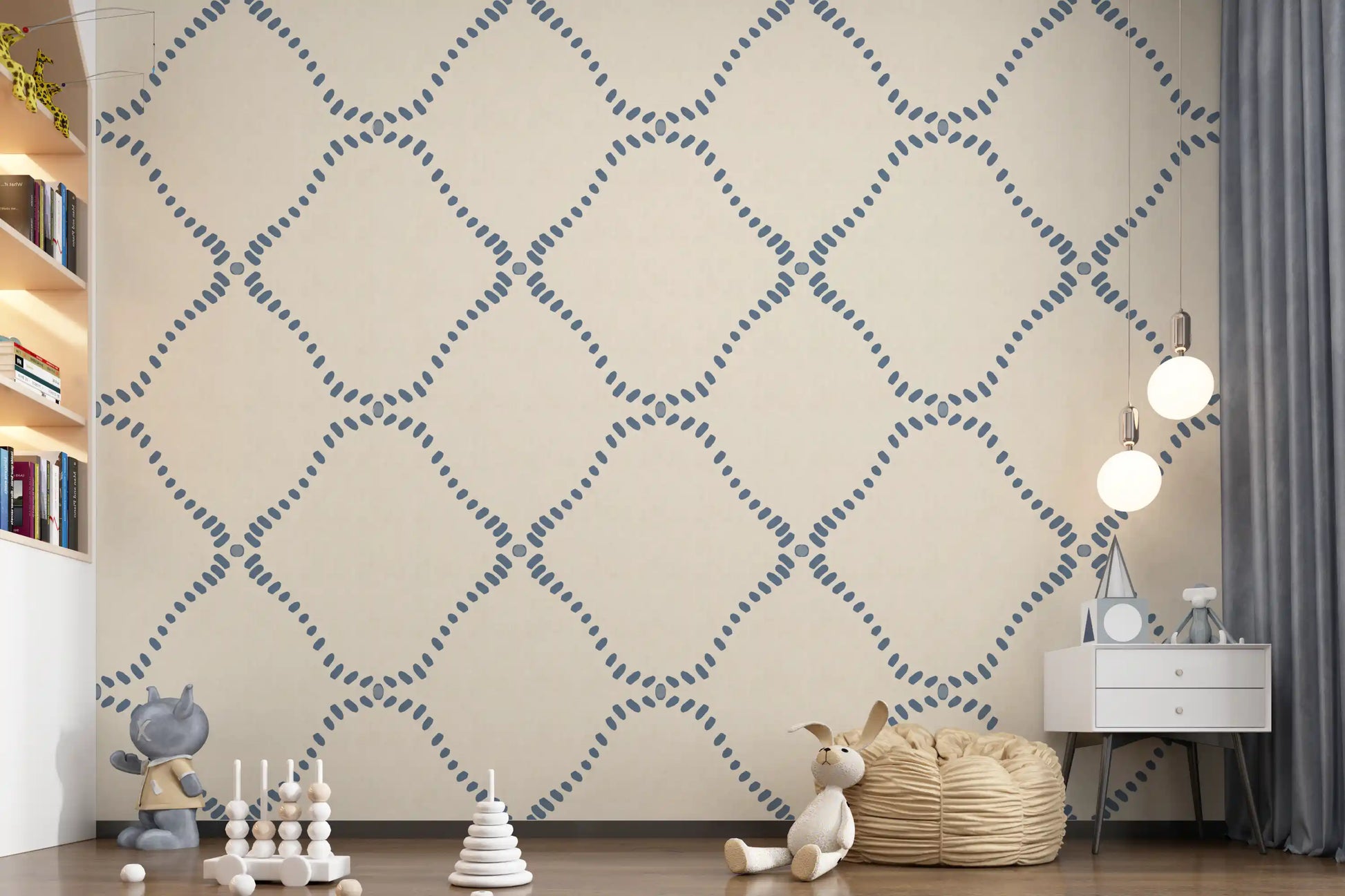 Small blue dots ring each diamond on this Beachy Boho Lattice wallpaper.