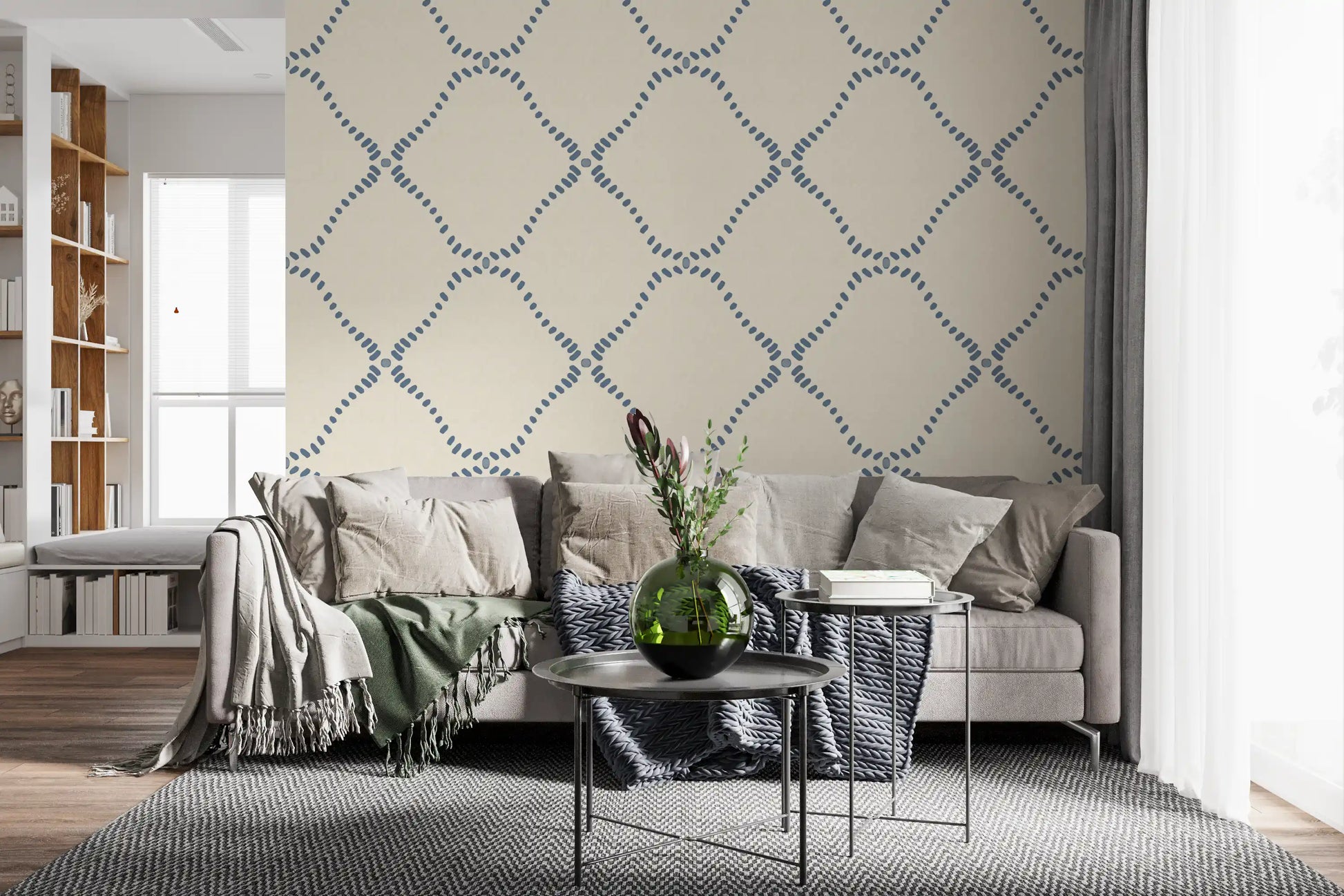 Dotted Lattice wallpaper shows slate-blue dabs forming open diamond shapes.