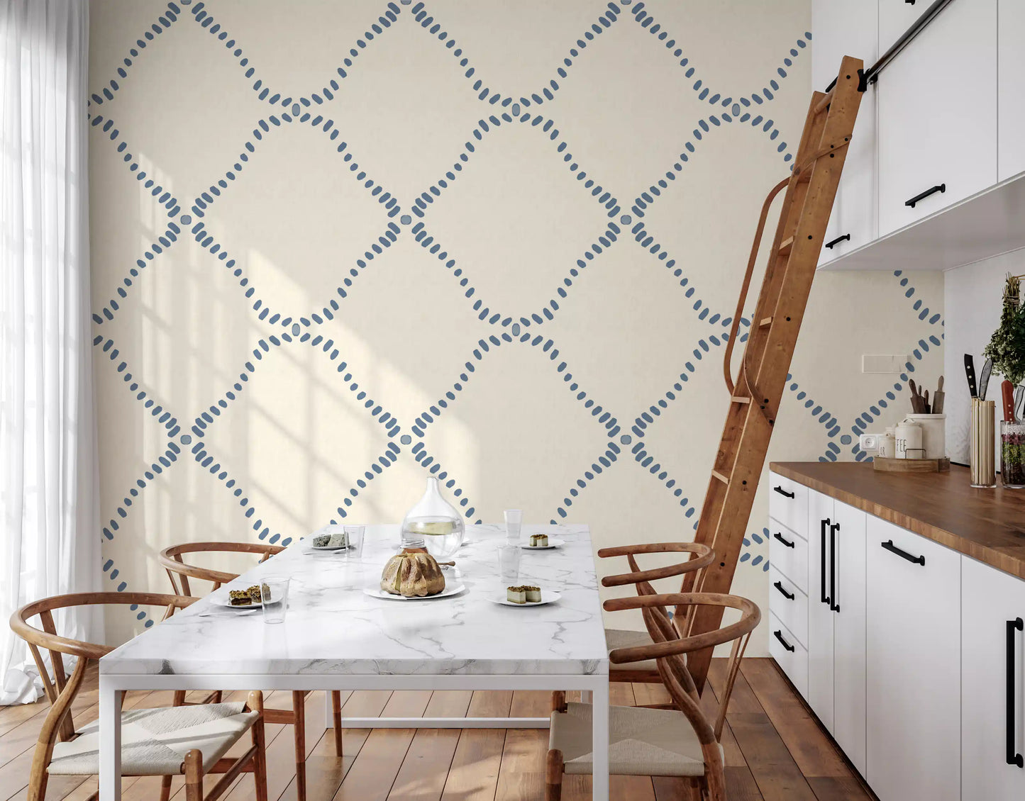 Add an airy lattice pattern to a Kitchen and dining  with this Beachy Boho wallpaper.