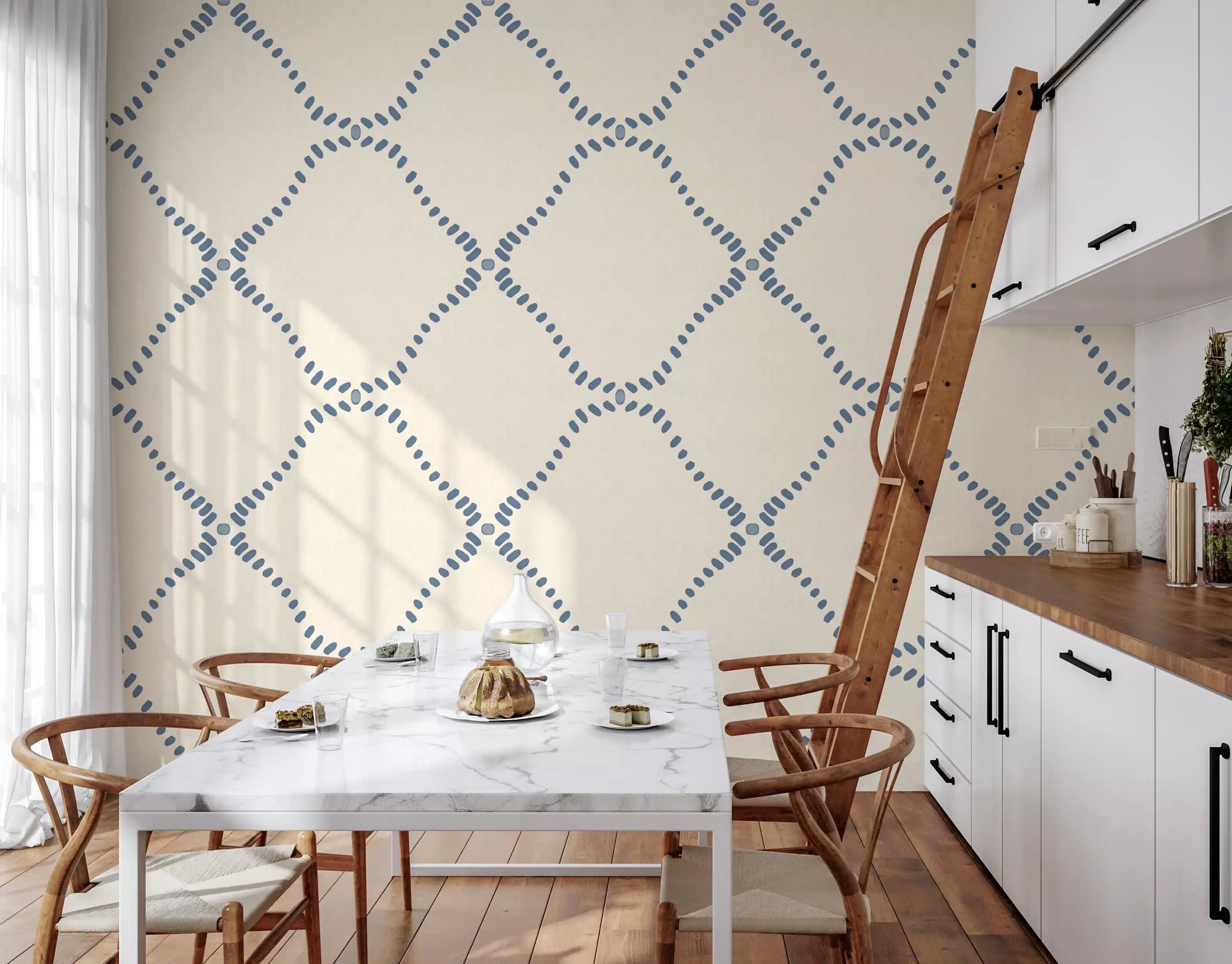 Add an airy lattice pattern to a Kitchen and dining  with this Beachy Boho wallpaper.