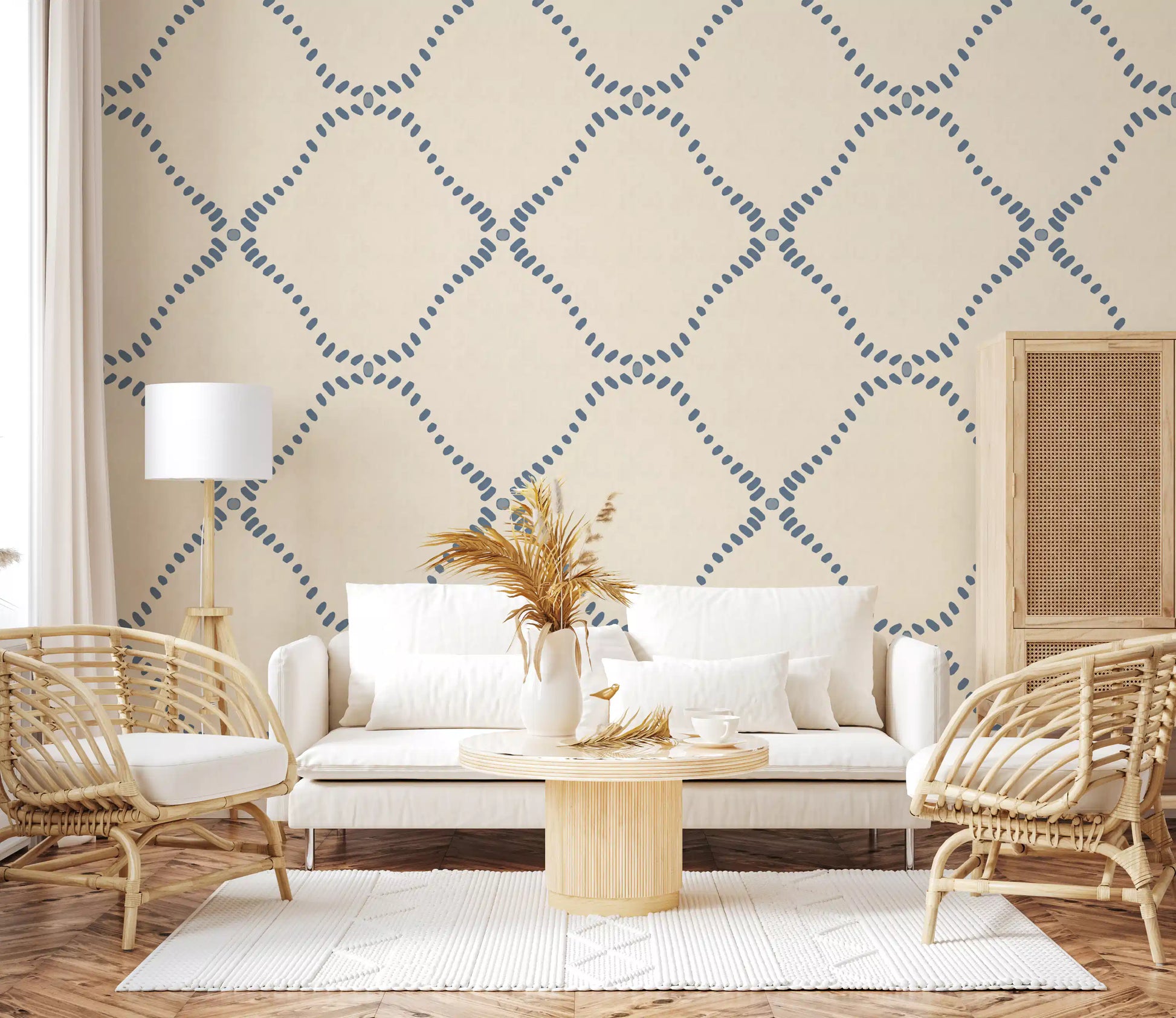 Linen-cream dots and slate diamonds dress an entryway in Dotted Lattice wallpaper.