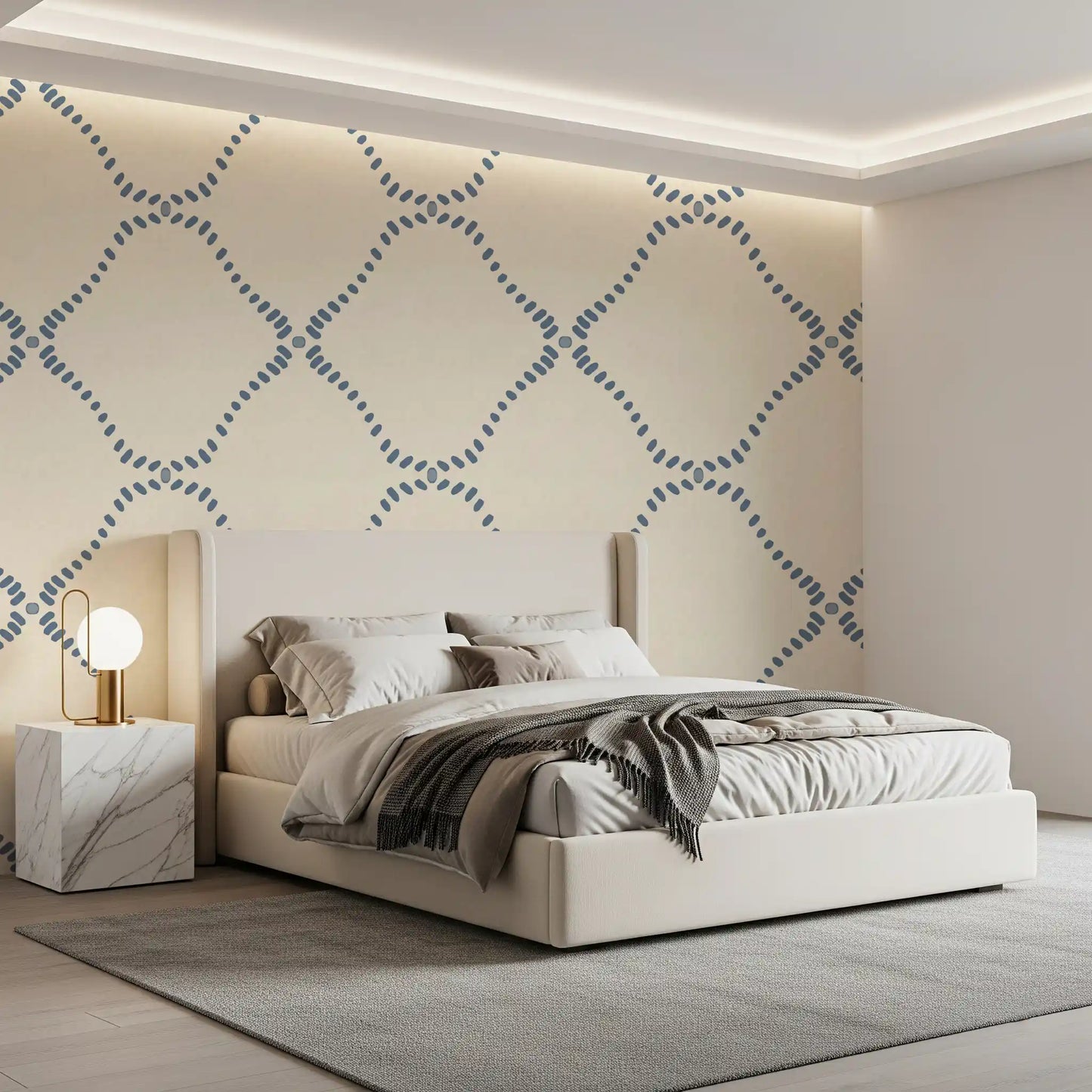 Bedroom gains gentle boho rhythm from this Slate Blue Lattice wallpaper.