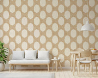 Golden mosaic wallpaper warms up a bright, open Dining room