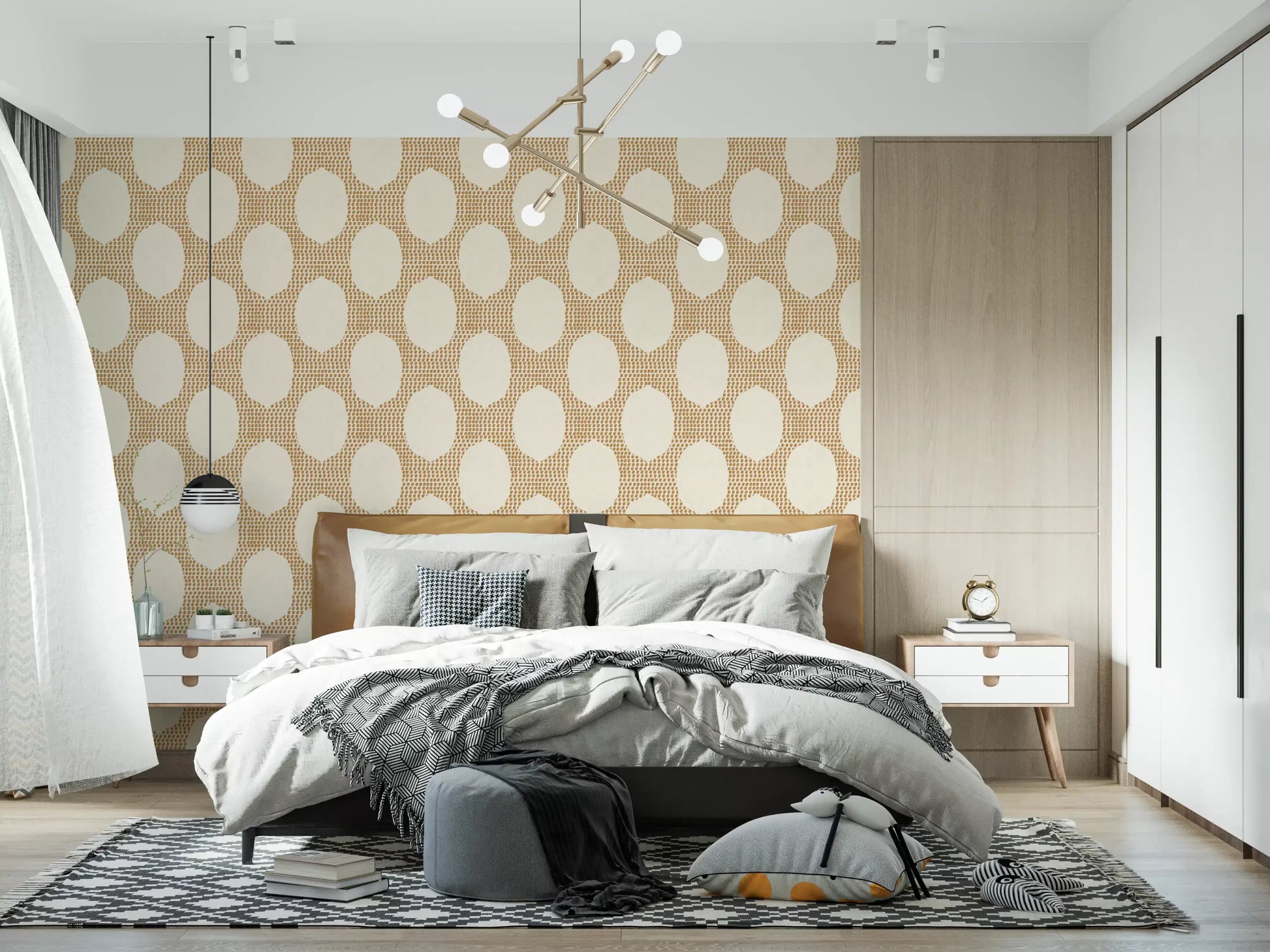 A mellow golden pattern lifts a Bedroom with this beachy boho wallpaper