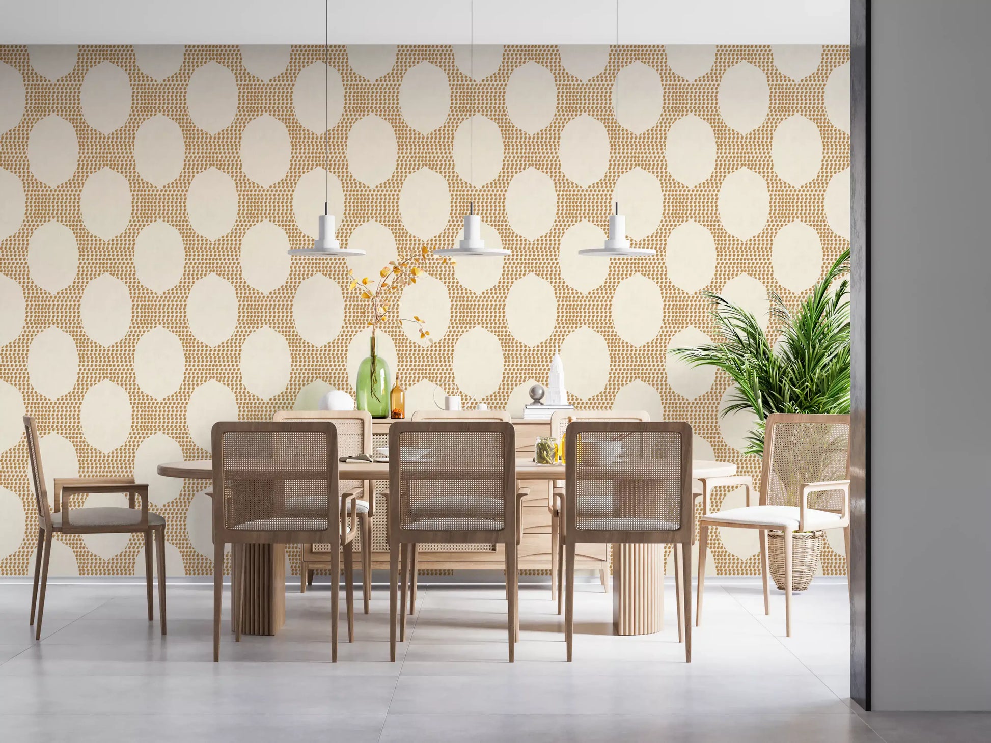 Warm ivory and gold dots calm a dining room with this boho wallpaper