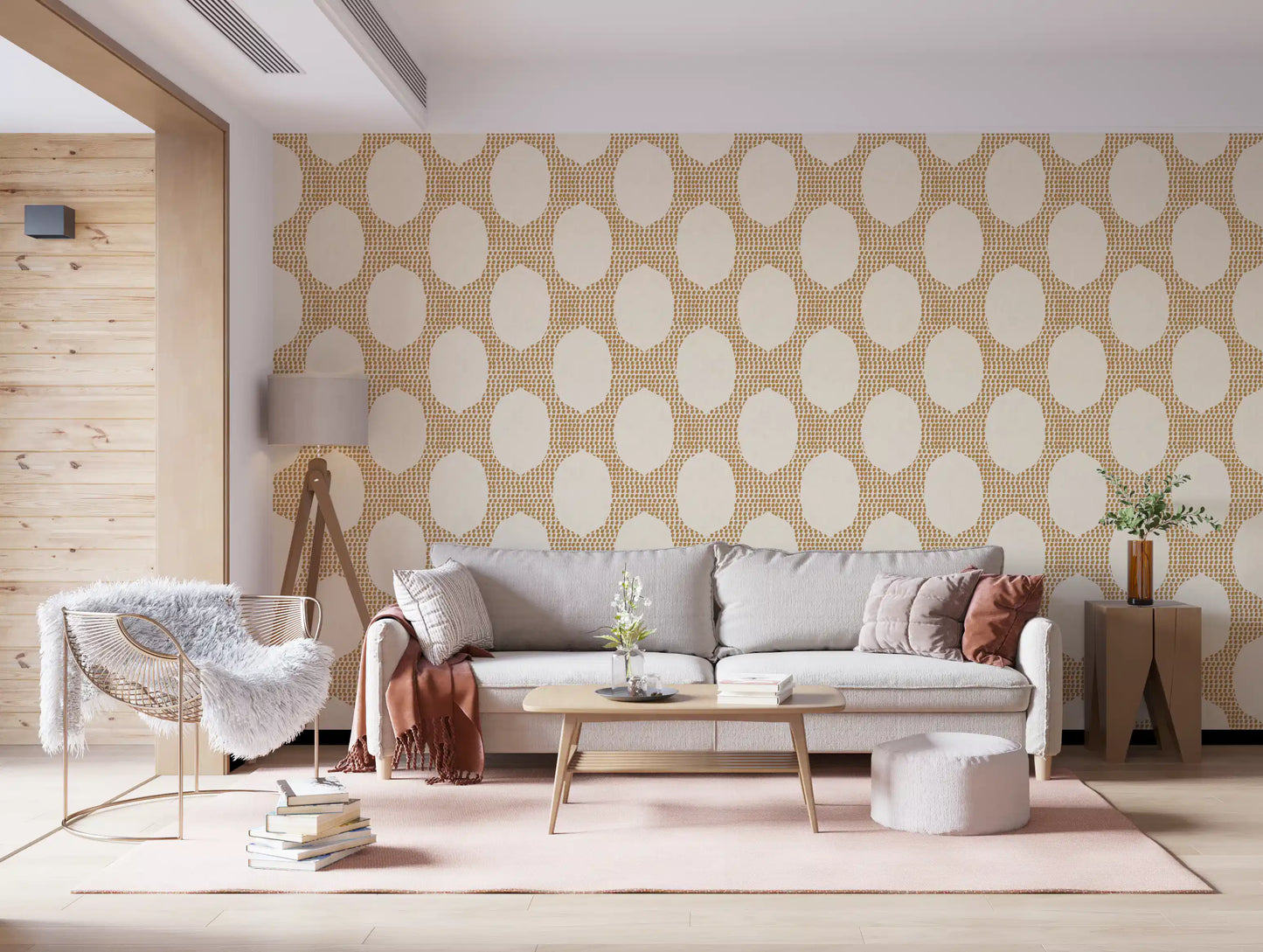 An easy beachy mosaic relaxes the lounge in this golden dotted wallpaper