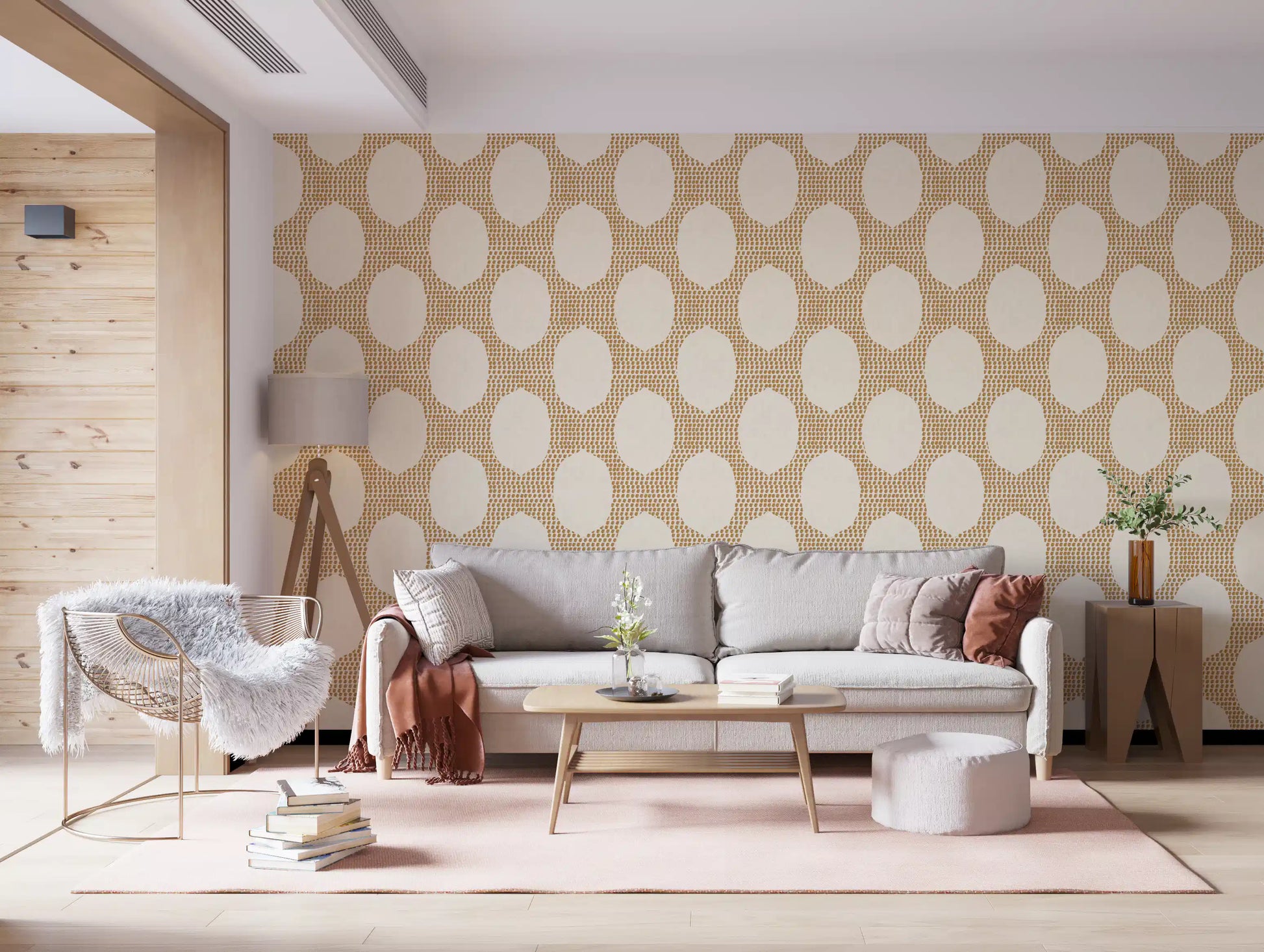 An easy beachy mosaic relaxes the lounge in this golden dotted wallpaper
