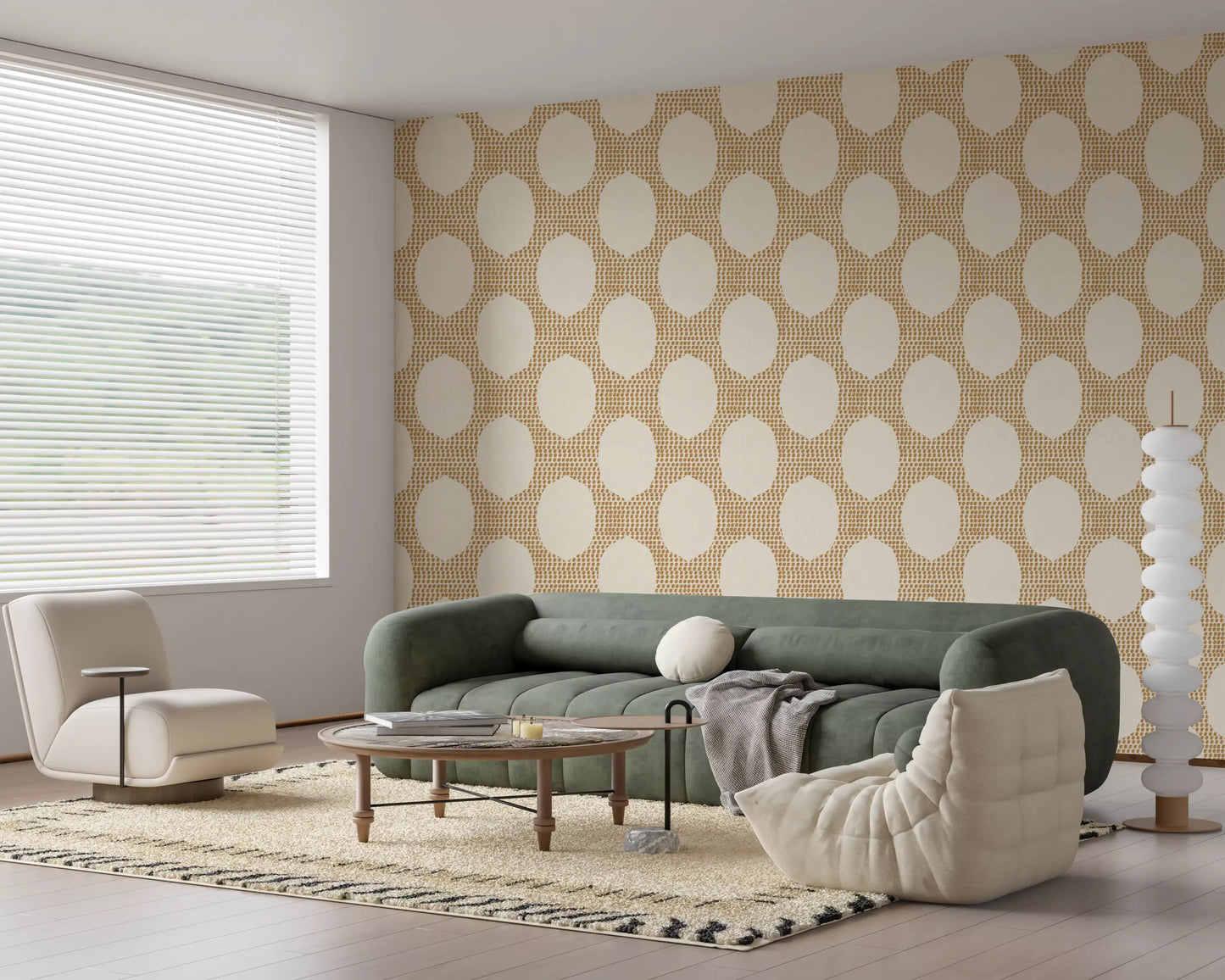 Stippled ochre shading shapes the boho mosaic on this golden wallpaper
