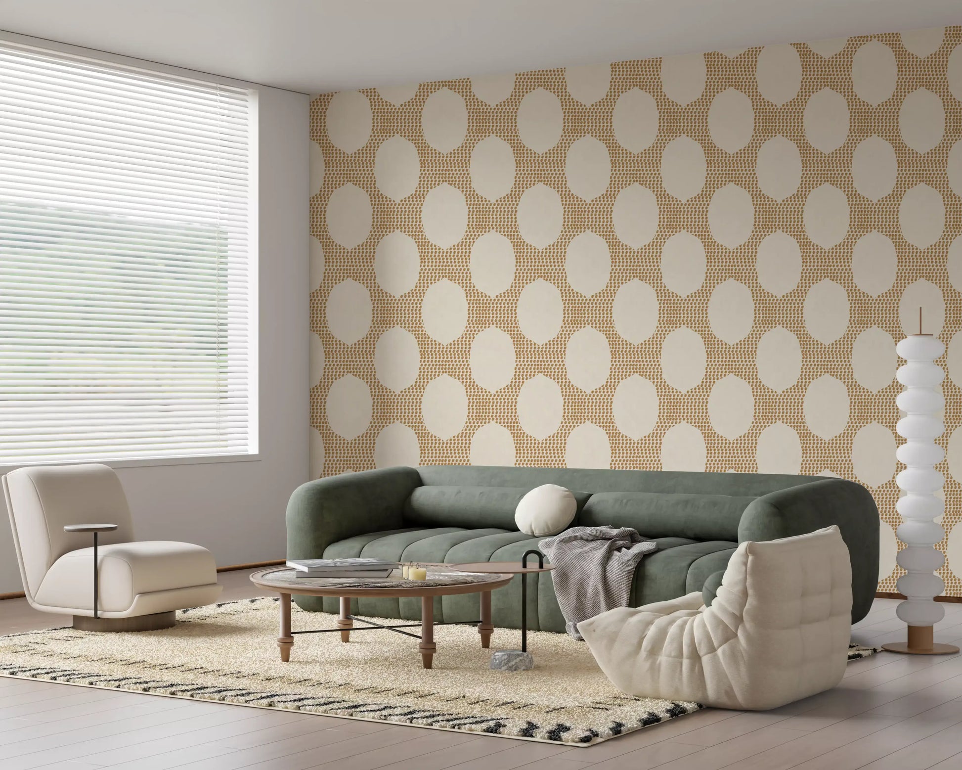 Stippled ochre shading shapes the boho mosaic on this golden wallpaper