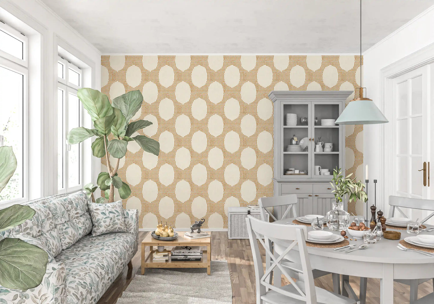 Tiny gold dots wrap around large ovals in this mosaic wallpaper