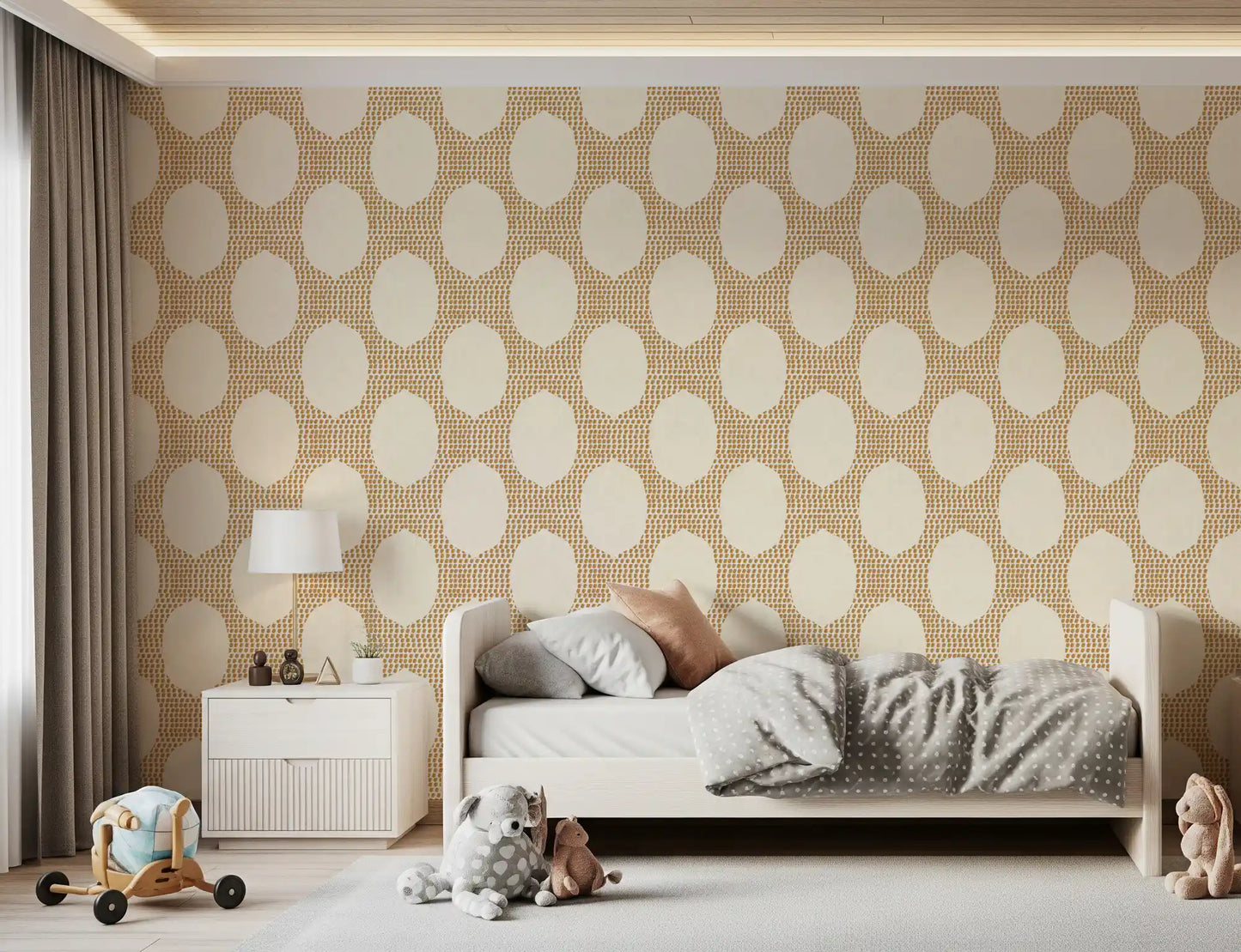 Dotted gold ovals add quiet warmth to Kids bedroom with this wallpaper