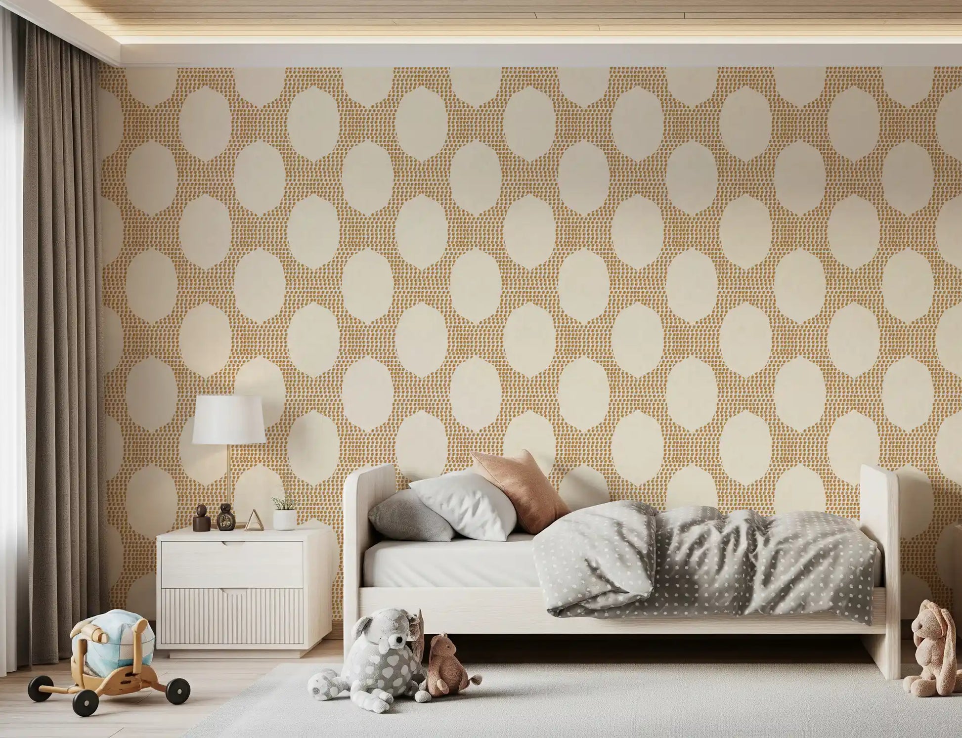 Dotted gold ovals add quiet warmth to Kids bedroom with this wallpaper