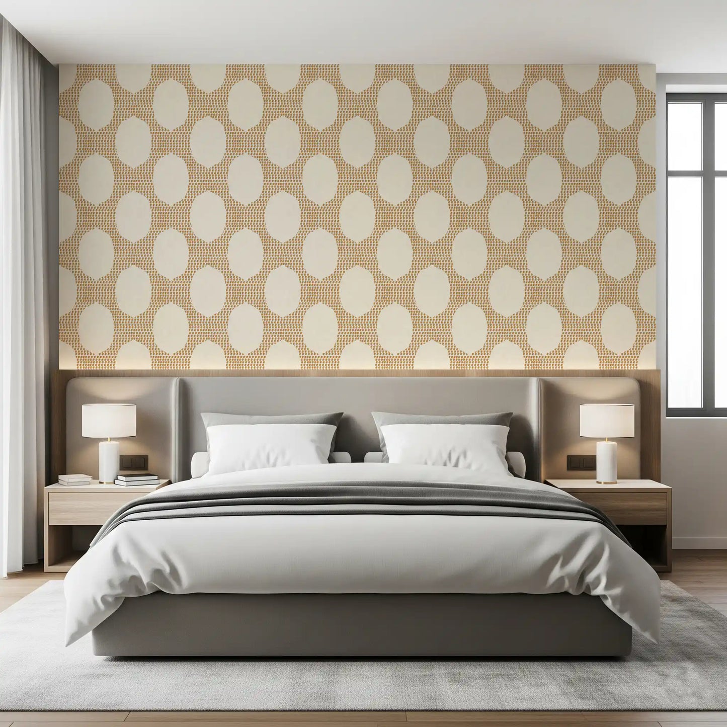 Beachy boho mosaic keeps a guest bedroom calm and inviting in wallpaper